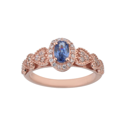 0.50 Ct Oval Shape Tanzanite Vintage Halo Ring 925 Sterling Silver Rose Plated