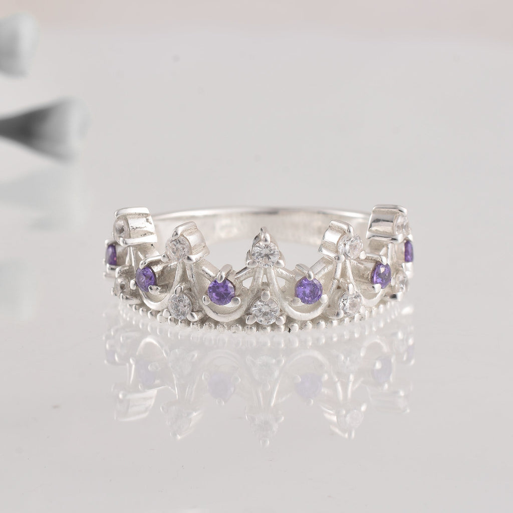 0.54 Ct Round Amethyst Crown Ring 925 Sterling Silver