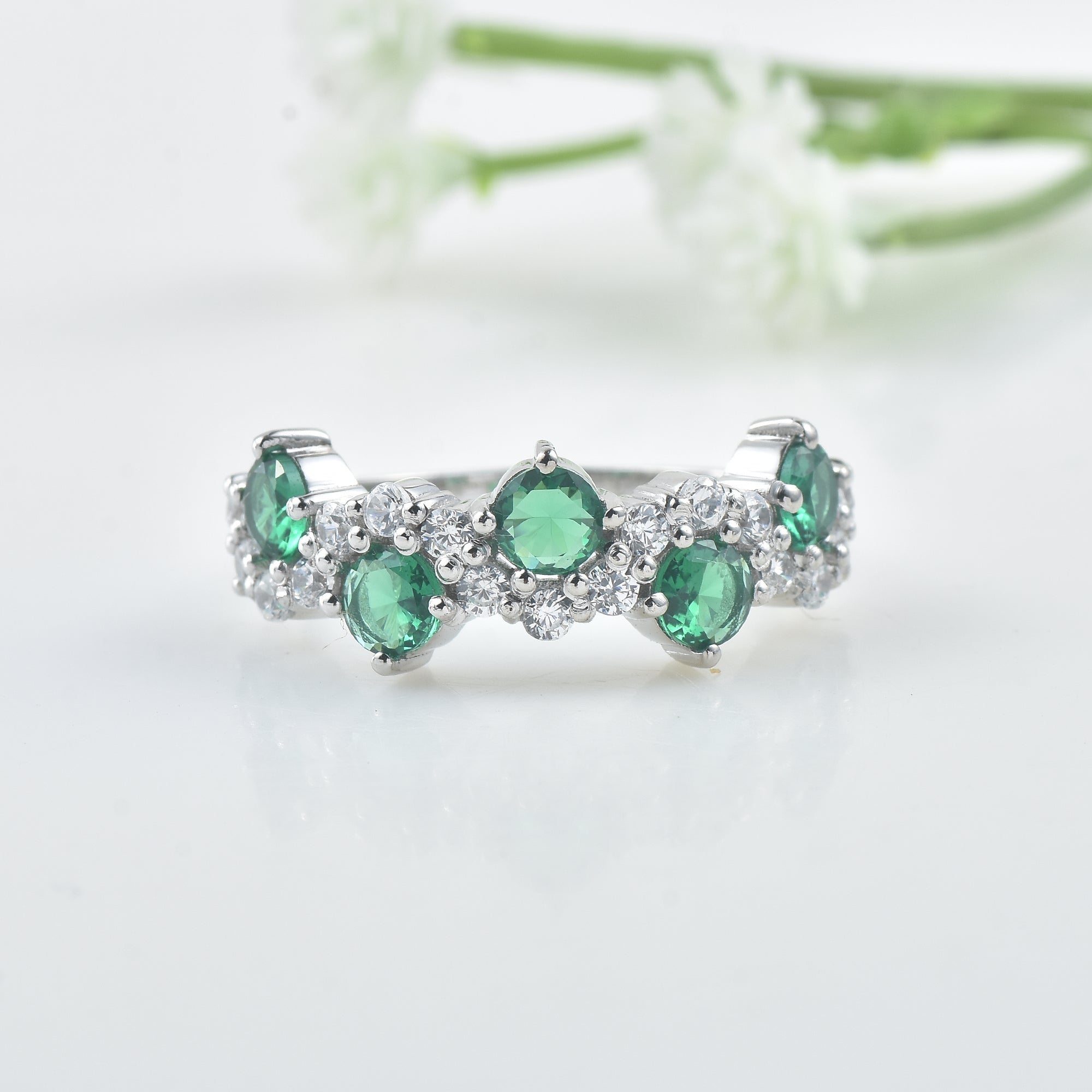 1.25 Ct Round Chrome Diopside Half Eternity Ring 925 Sterling Silver