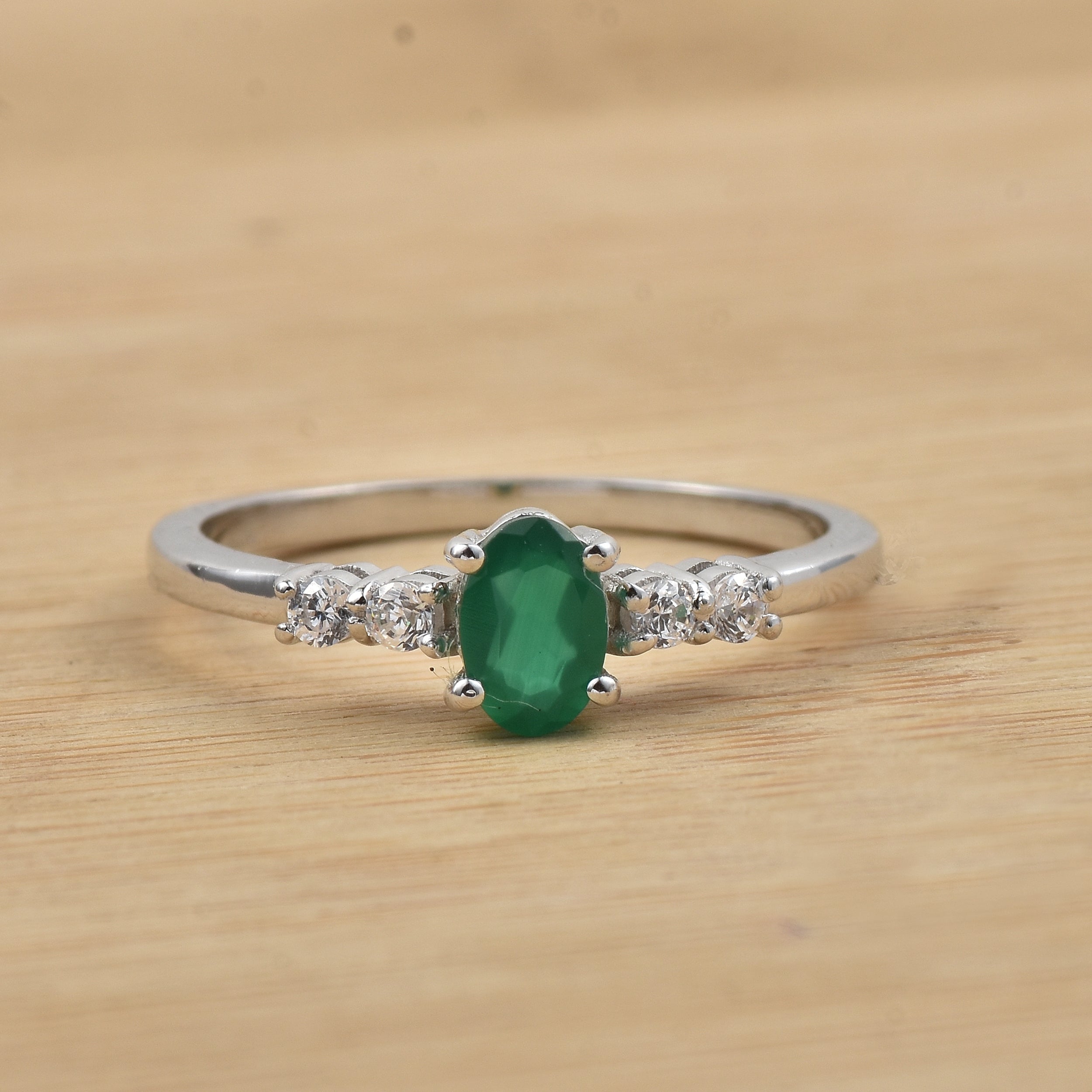 0.50 Ct Oval Emerald Solitaire Side Accents Ring 925 Sterling Silver