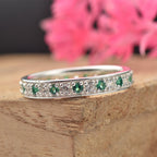 925 Sterling Silver 2MM Round Shape Emerald Gemstone Ring