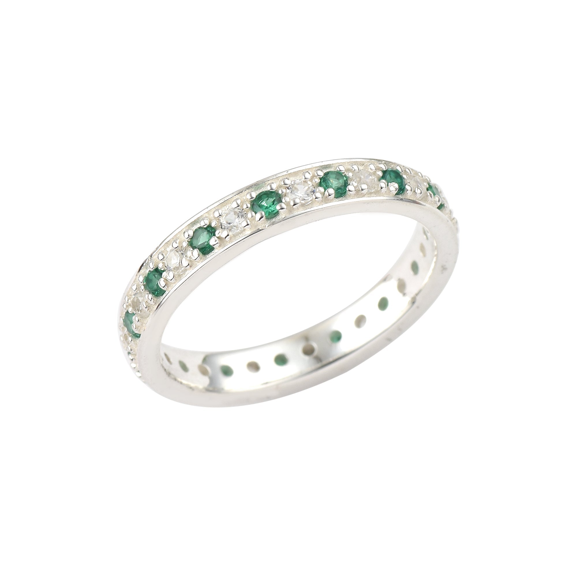 925 Sterling Silver 2MM Round Shape Emerald Gemstone Ring