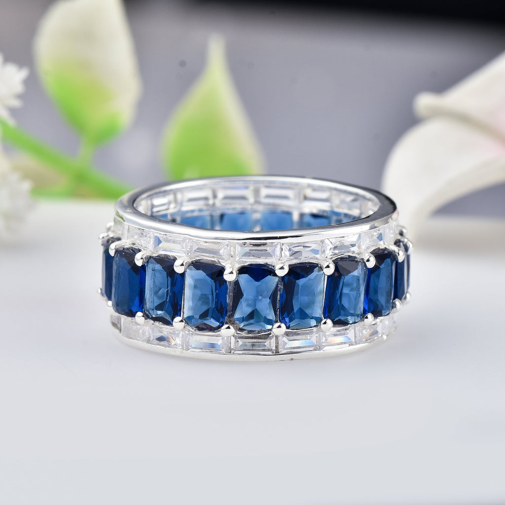 925 Sterling Silver 6x4MM Octagon Shape Blue Sapphire Gemstone Ring