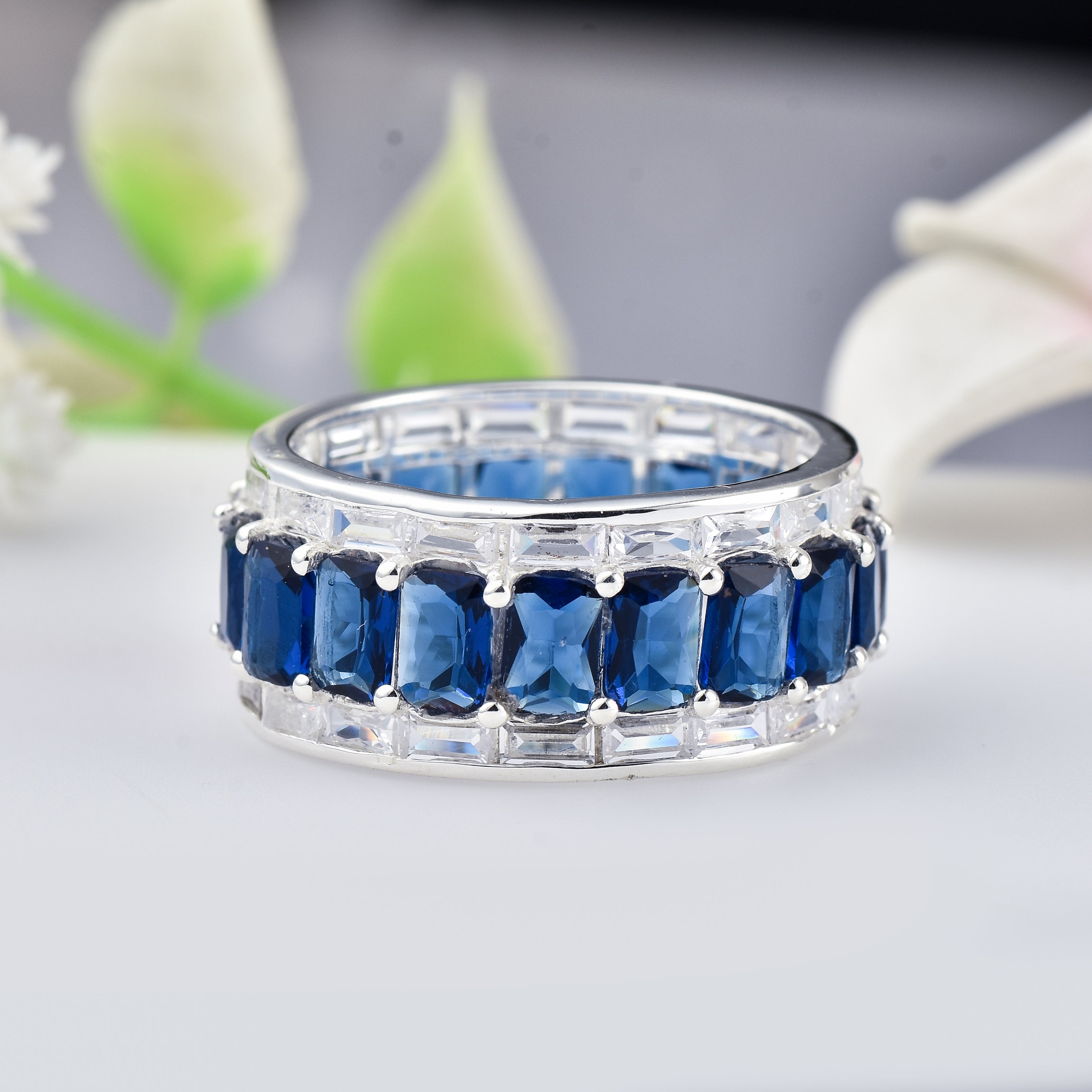 925 Sterling Silver 6x4MM Octagon Shape Blue Sapphire Gemstone Ring