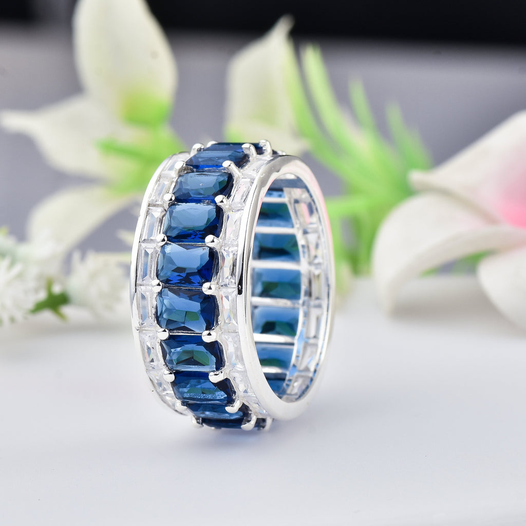 925 Sterling Silver 6x4MM Octagon Shape Blue Sapphire Gemstone Ring