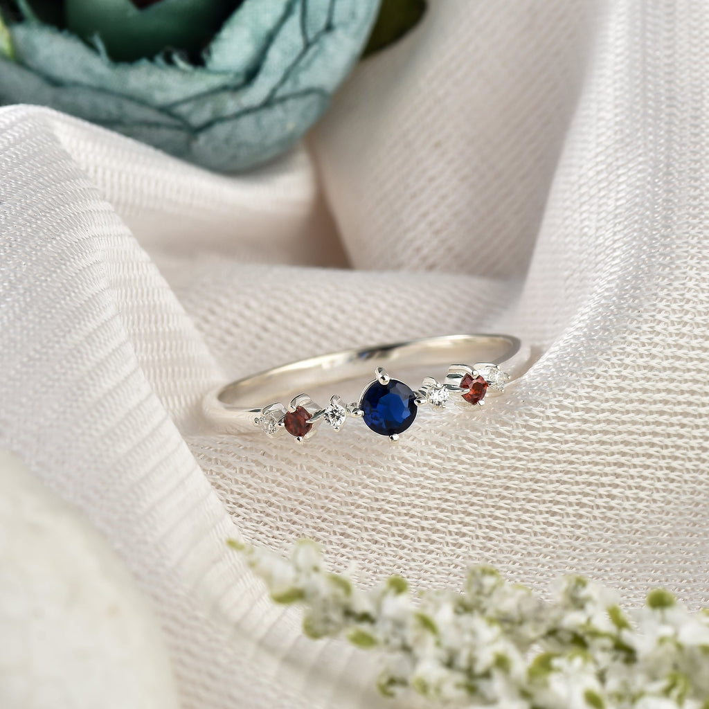 925 Sterling Silver 4MM Round Shape Blue Sapphire Gemstone Ring