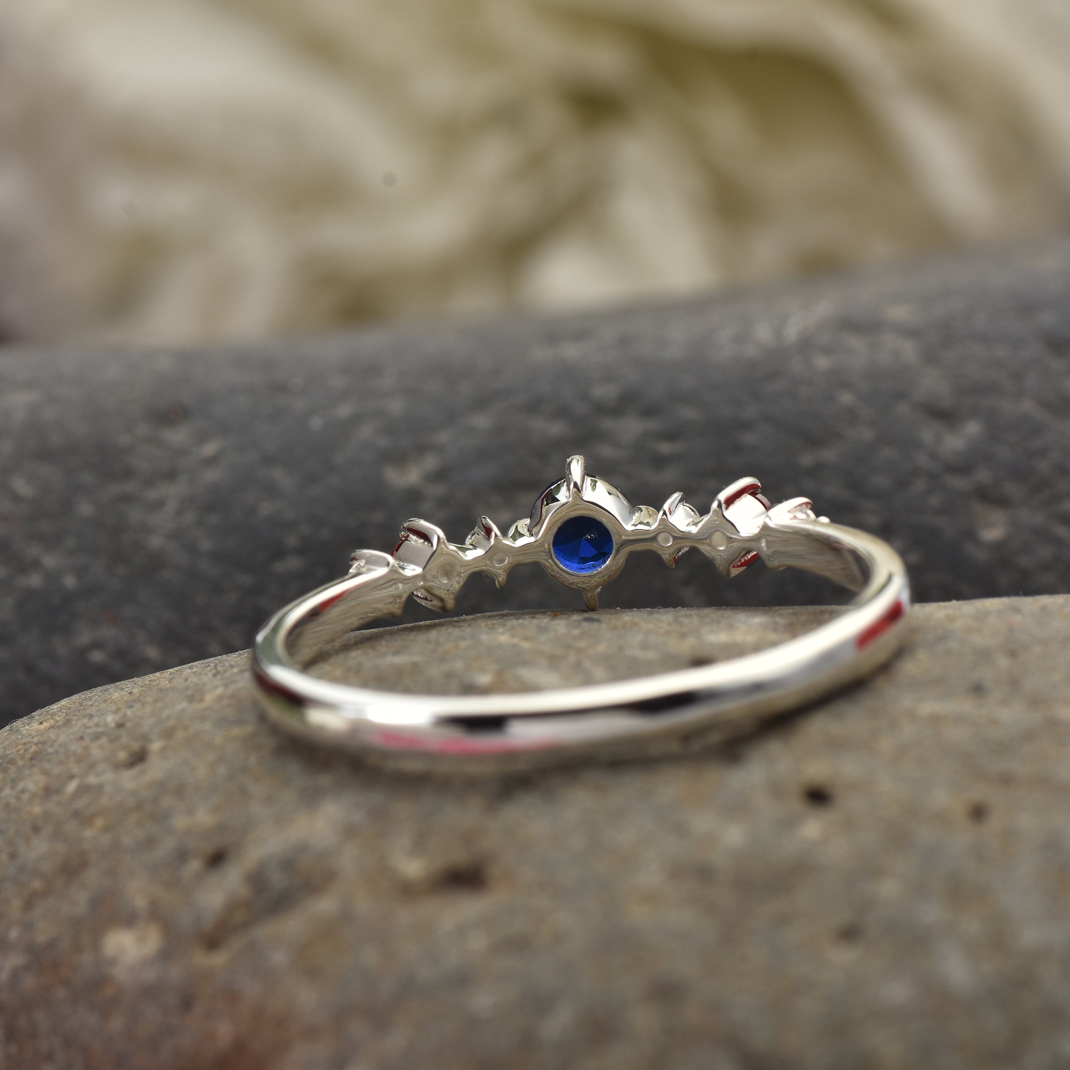 925 Sterling Silver 4MM Round Shape Blue Sapphire Gemstone Ring
