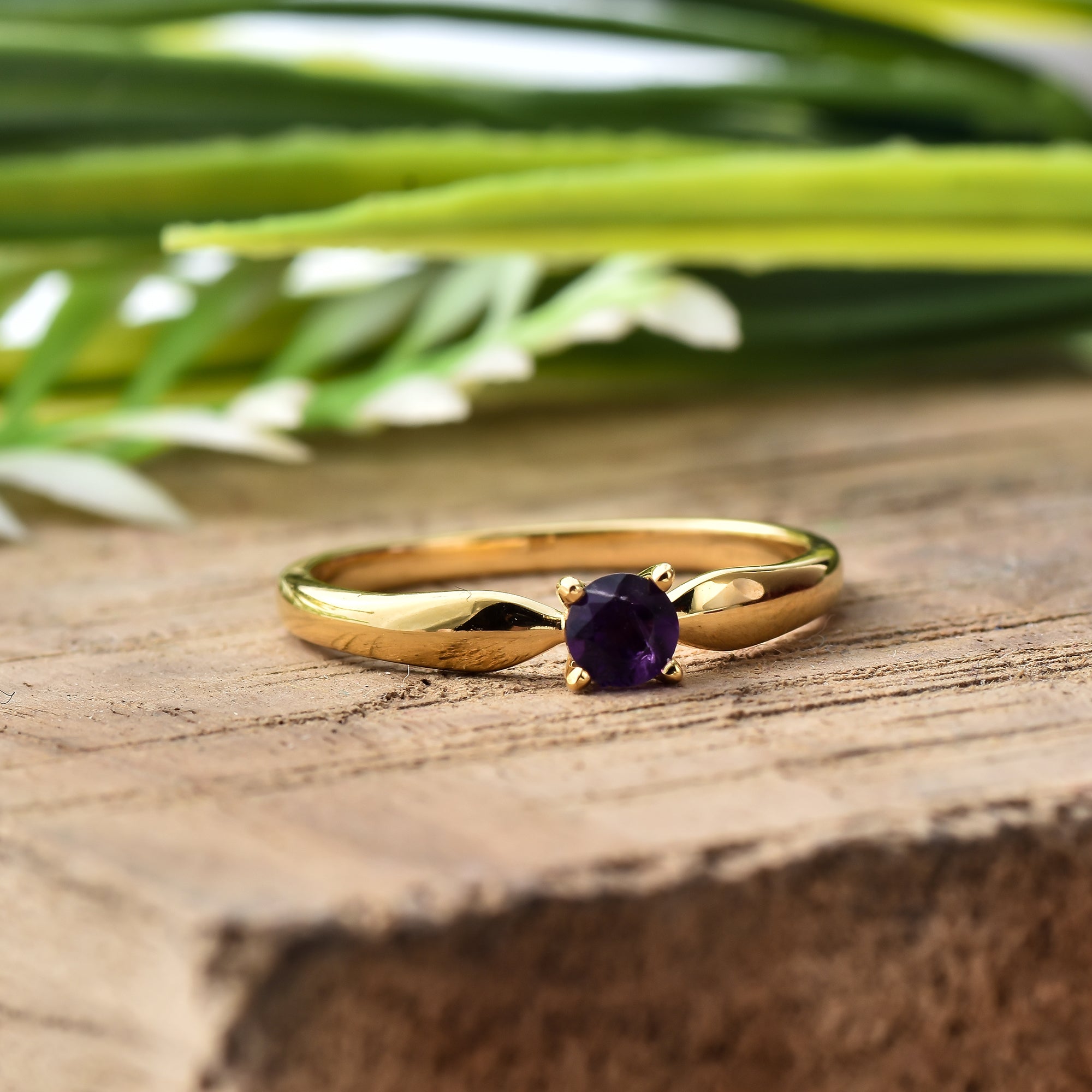 925 Sterling Silver 4MM Round Shape Amethyst Gemstone Ring