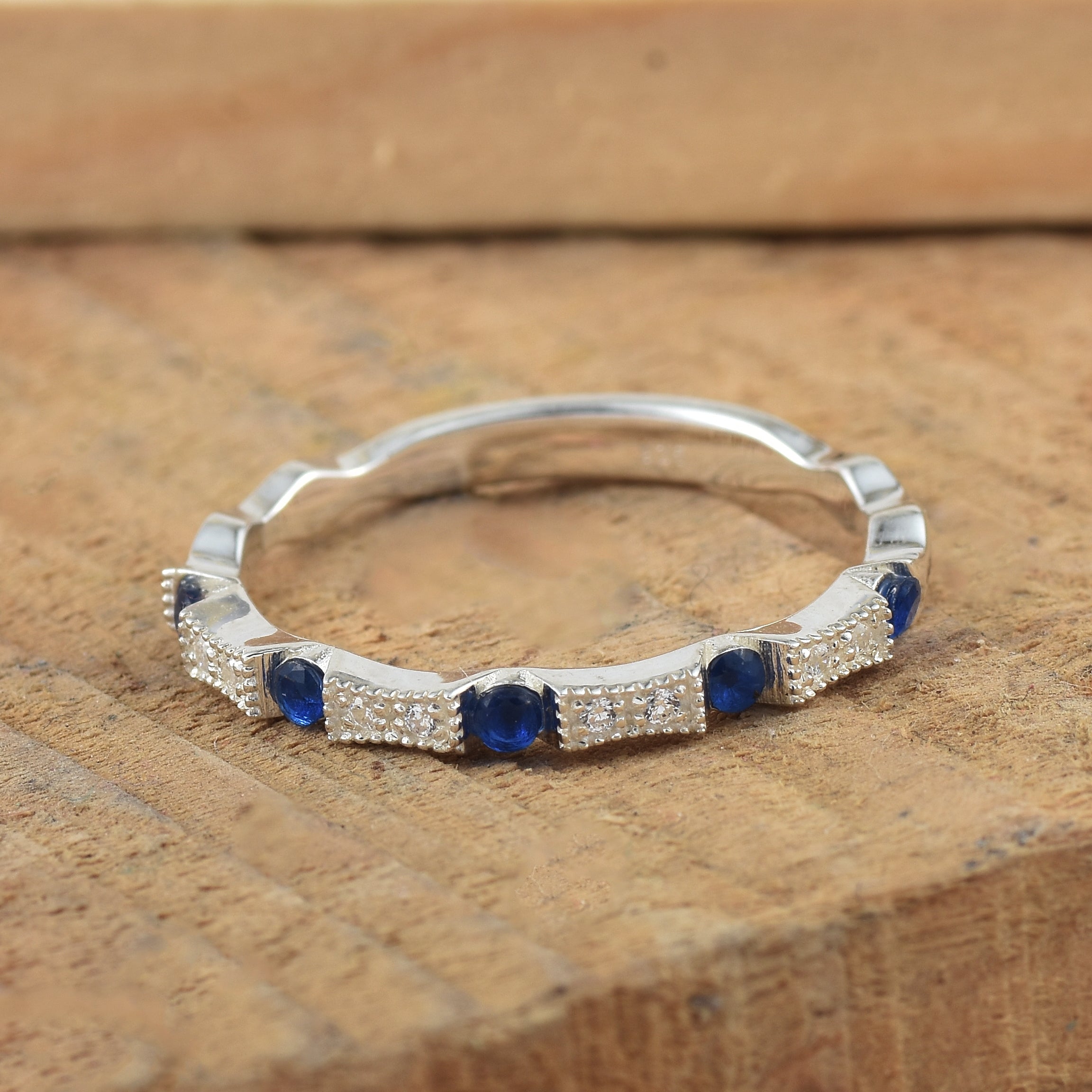 925 Sterling Silver 2MM Round Shape Blue Sapphire Gemstone Ring