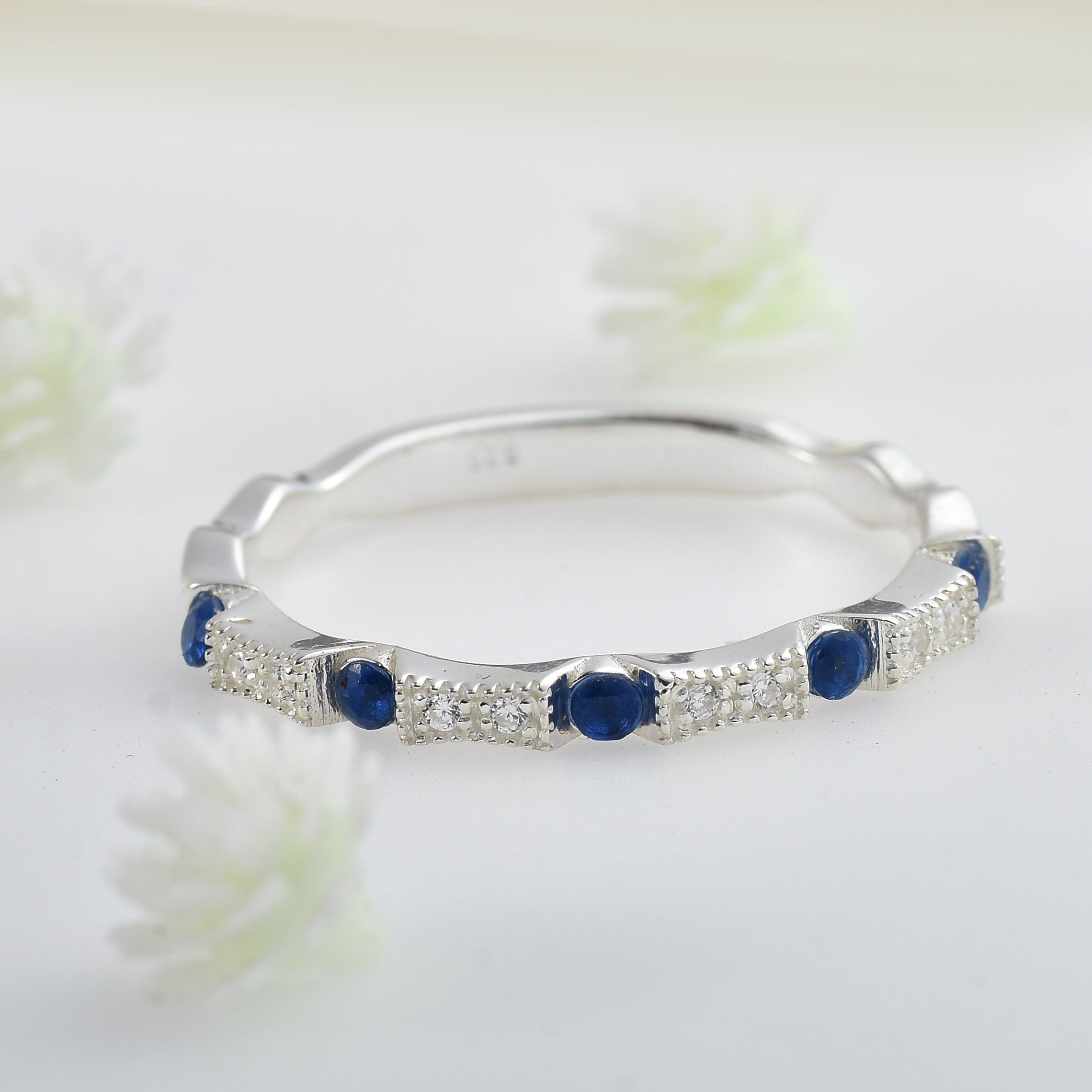 925 Sterling Silver 2MM Round Shape Blue Sapphire Gemstone Ring