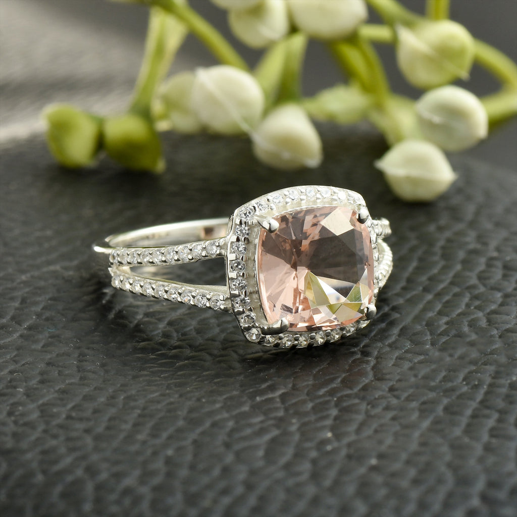 925 Sterling Silver 9MM Cushion Shape Morganite Gemstone Ring