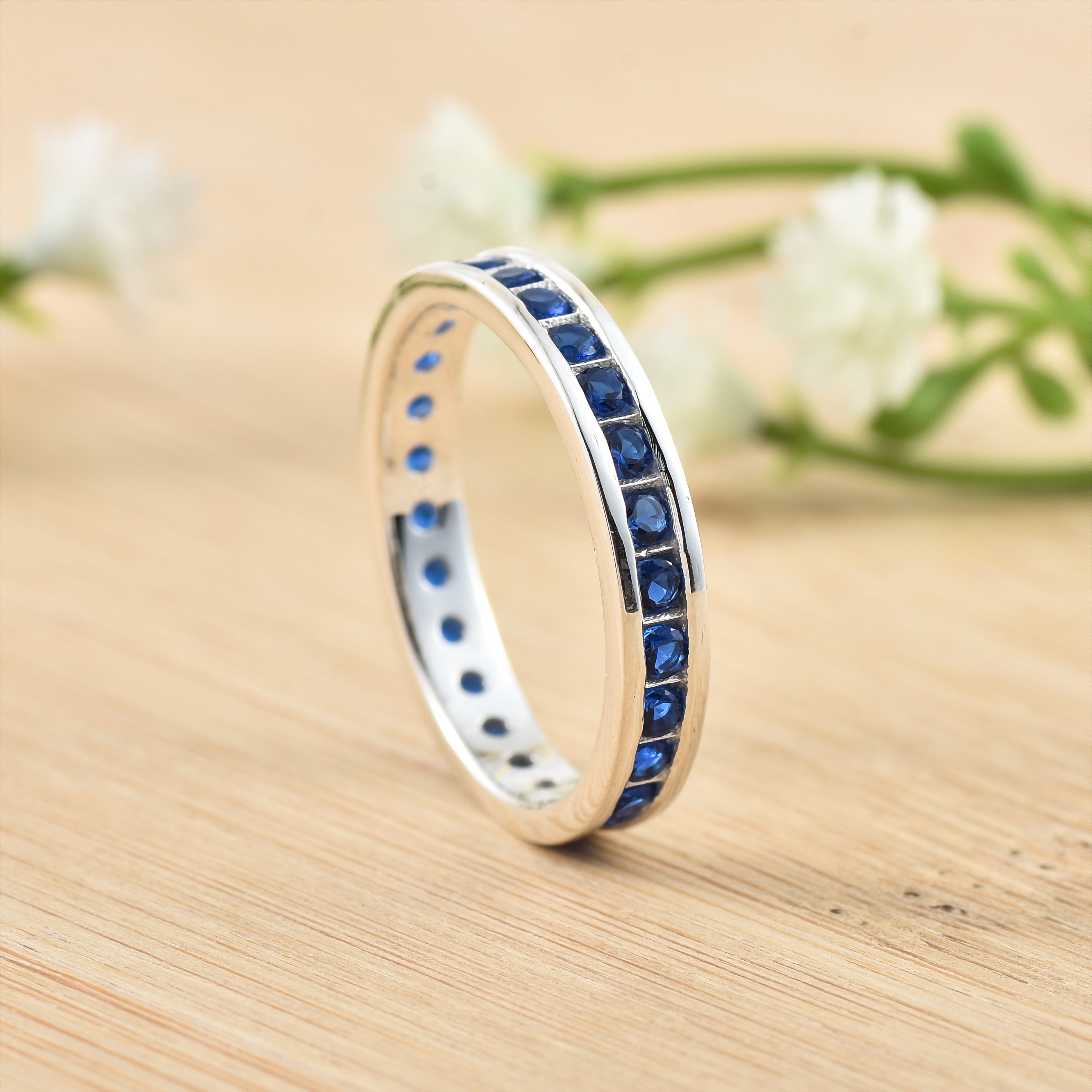 Blue Sapphire Eternity Band Ring – Sterling Silver
