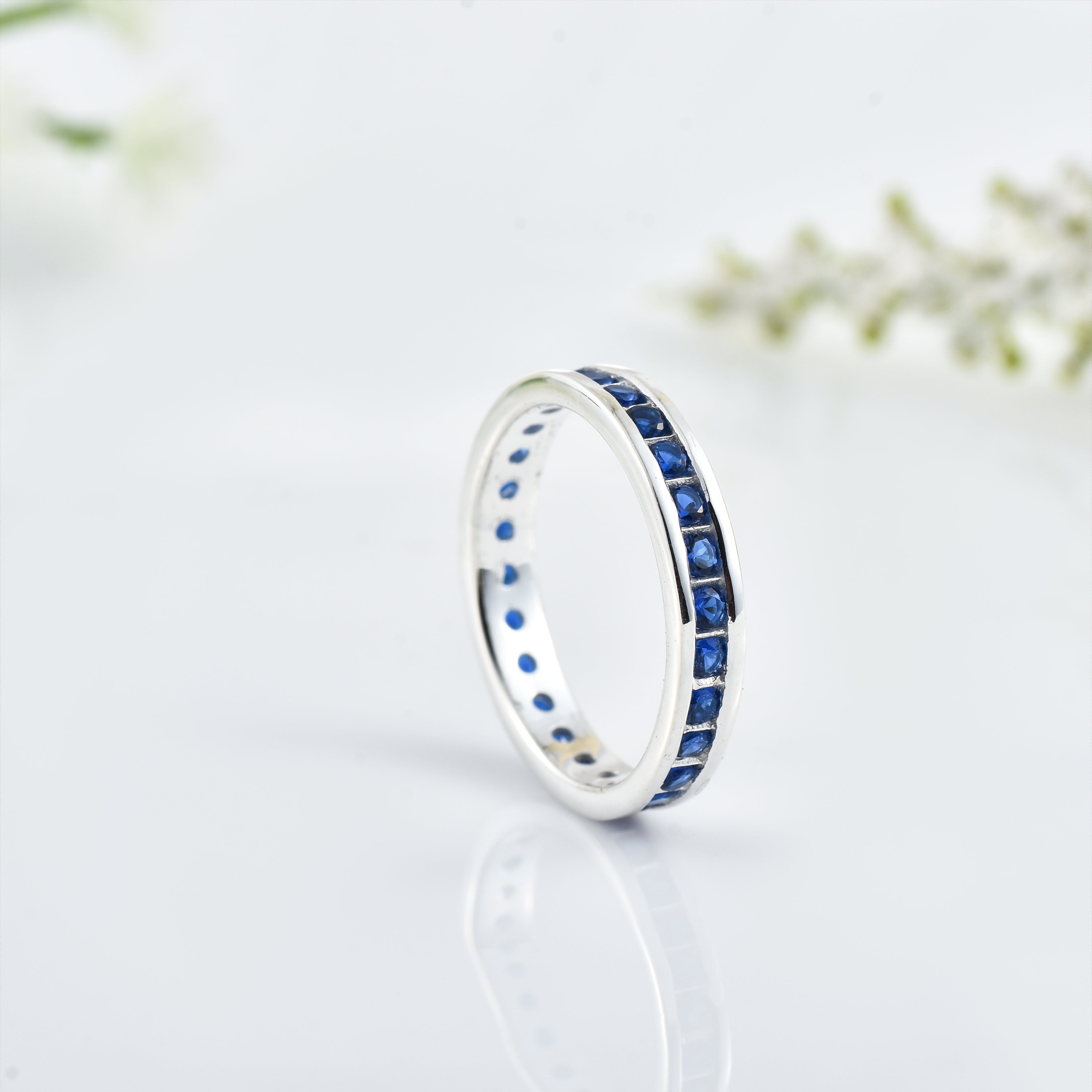 Blue Sapphire Eternity Band Ring – Sterling Silver