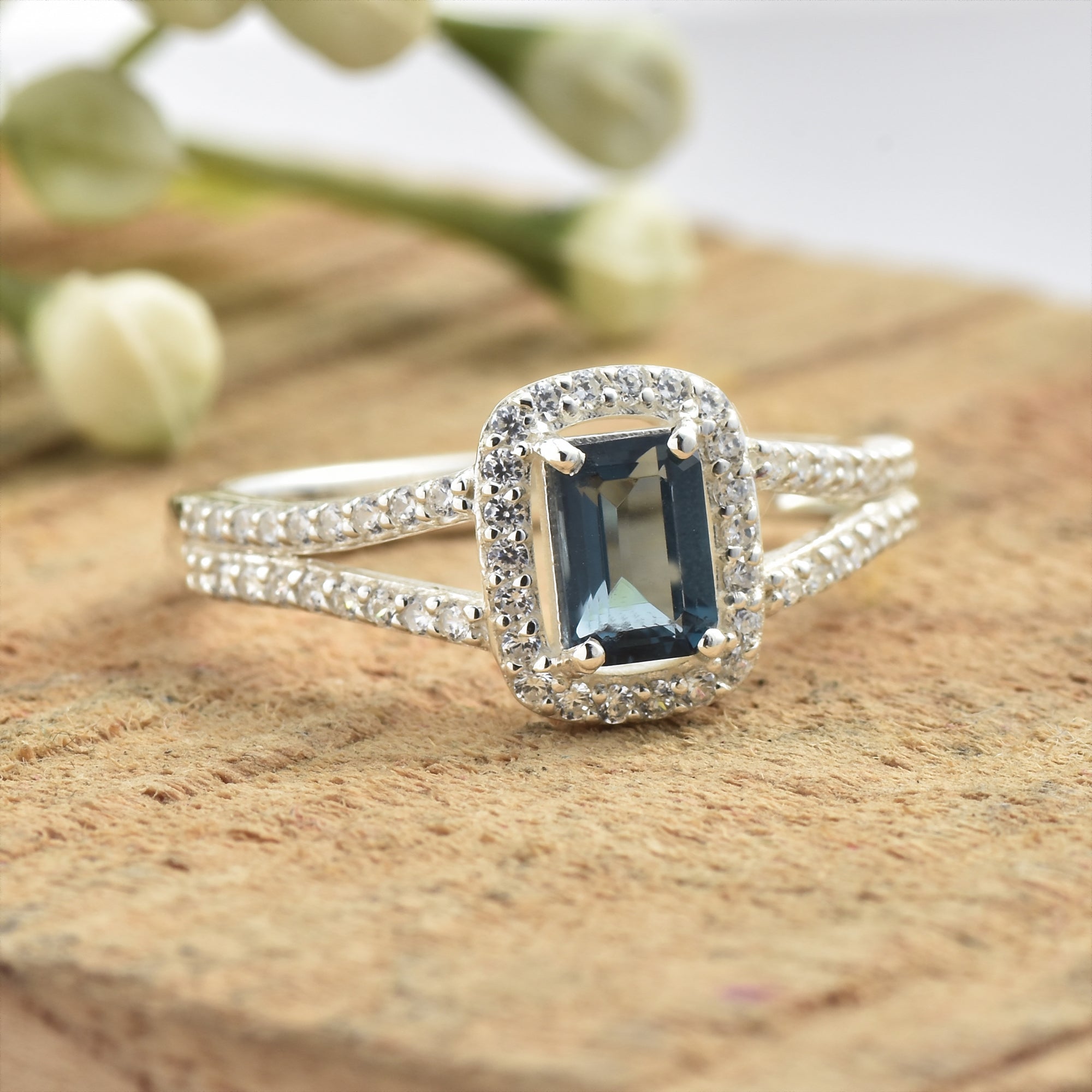 London Blue Topaz Halo Ring – Sterling Silver