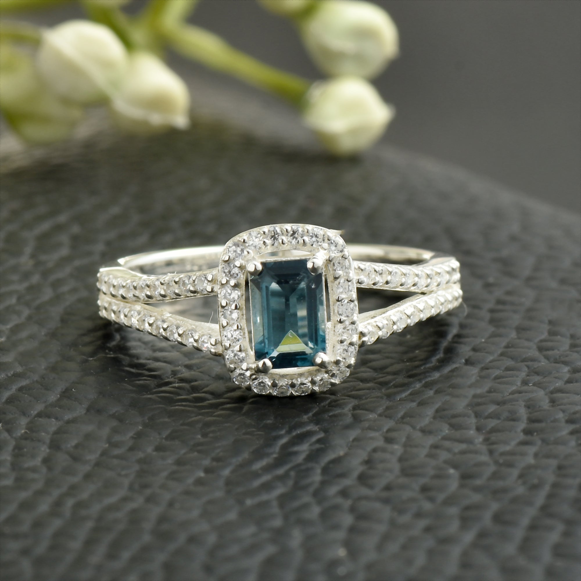 London Blue Topaz Halo Ring – Sterling Silver