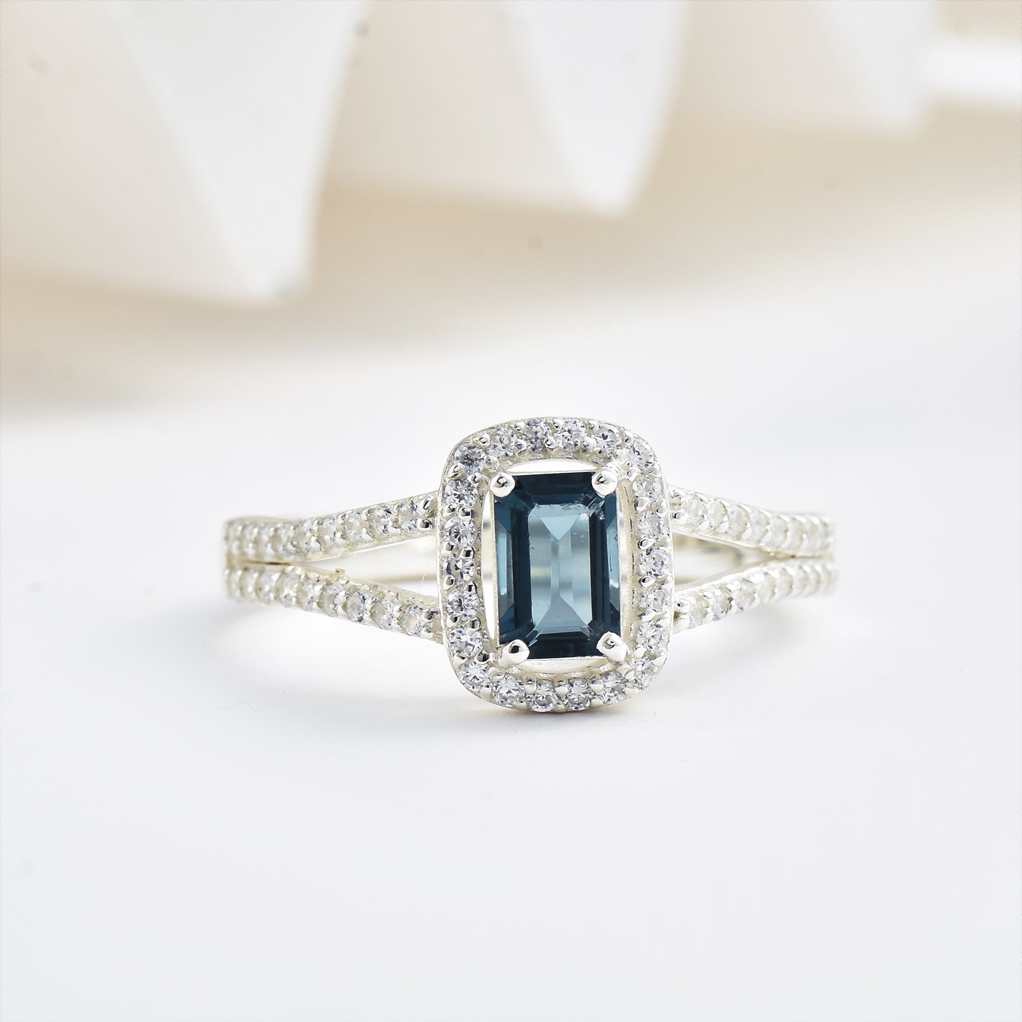 London Blue Topaz Halo Ring – Sterling Silver