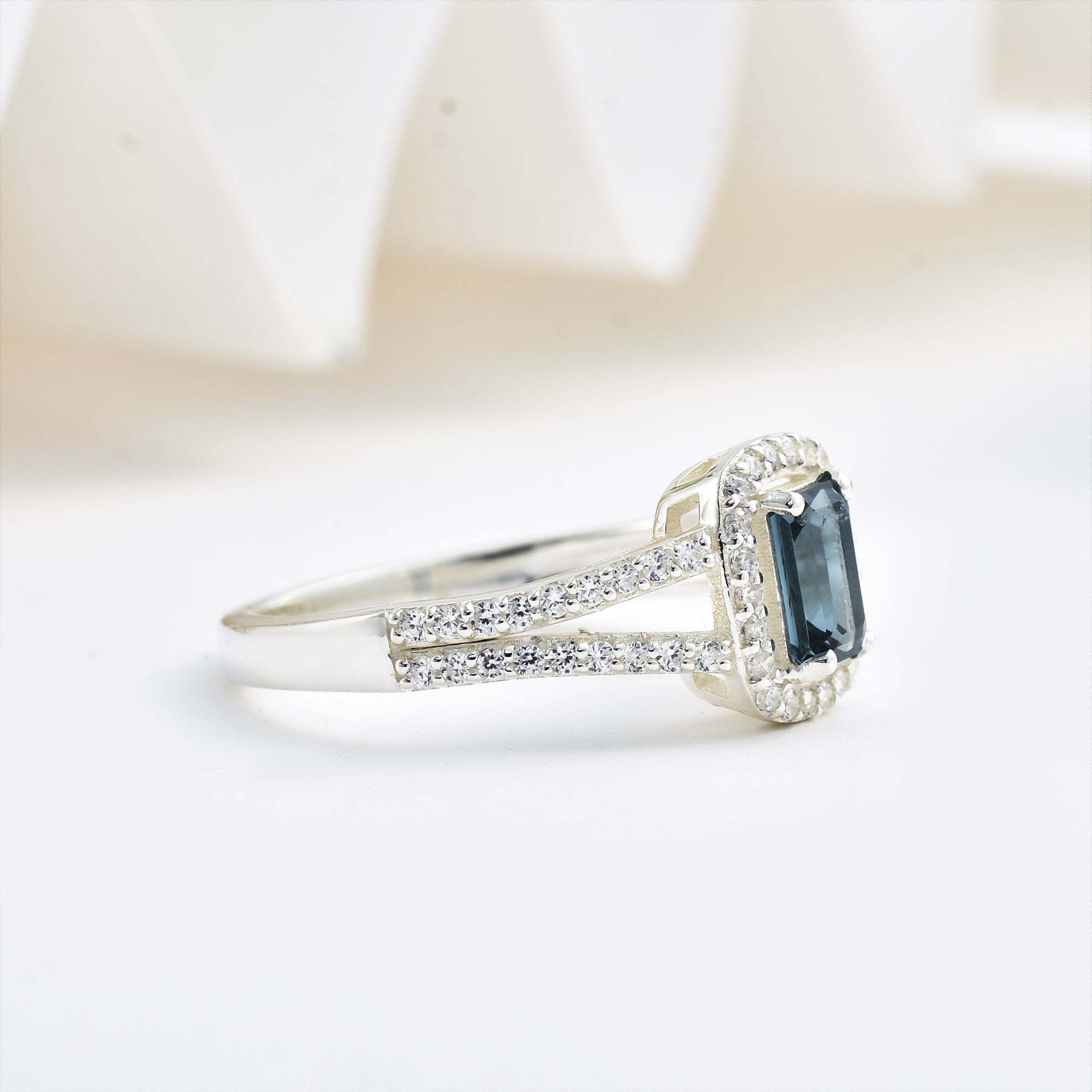London Blue Topaz Halo Ring – Sterling Silver