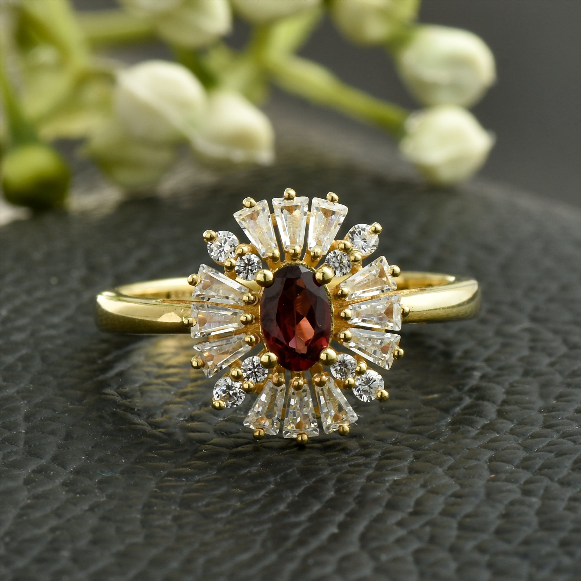 Garnet Sunburst Halo Ring – Sterling Silver Gold Plated
