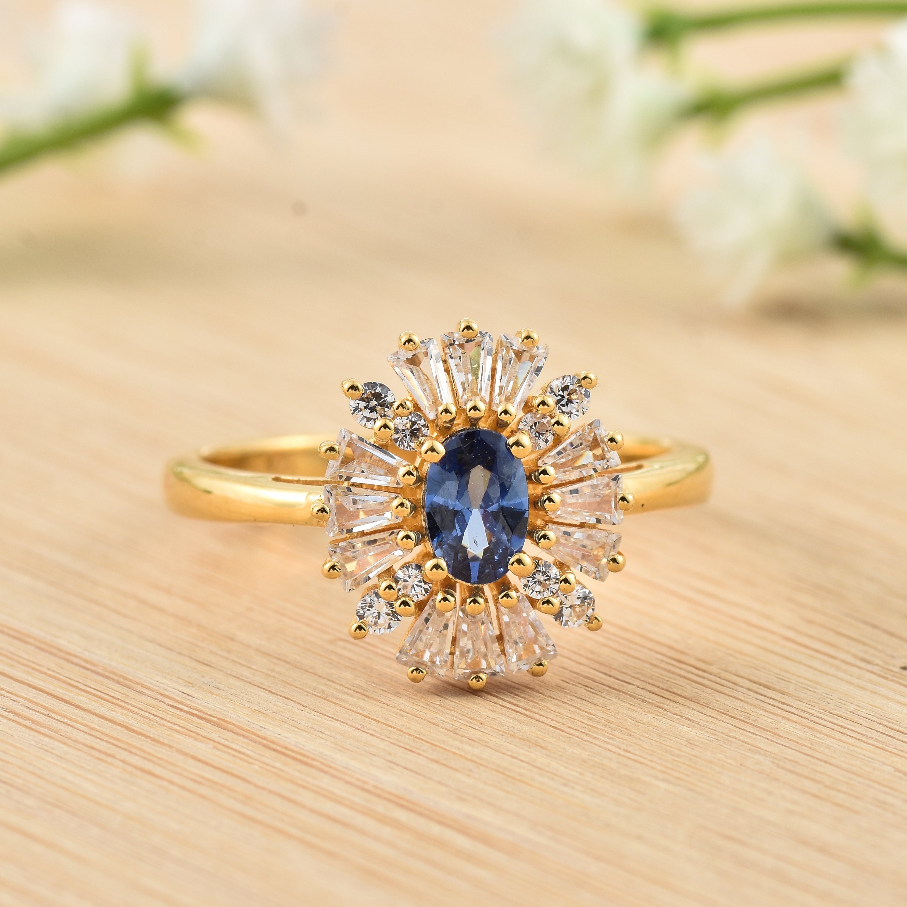 Tanzanite Sunburst Halo Ring – Sterling Silver Gold Plated