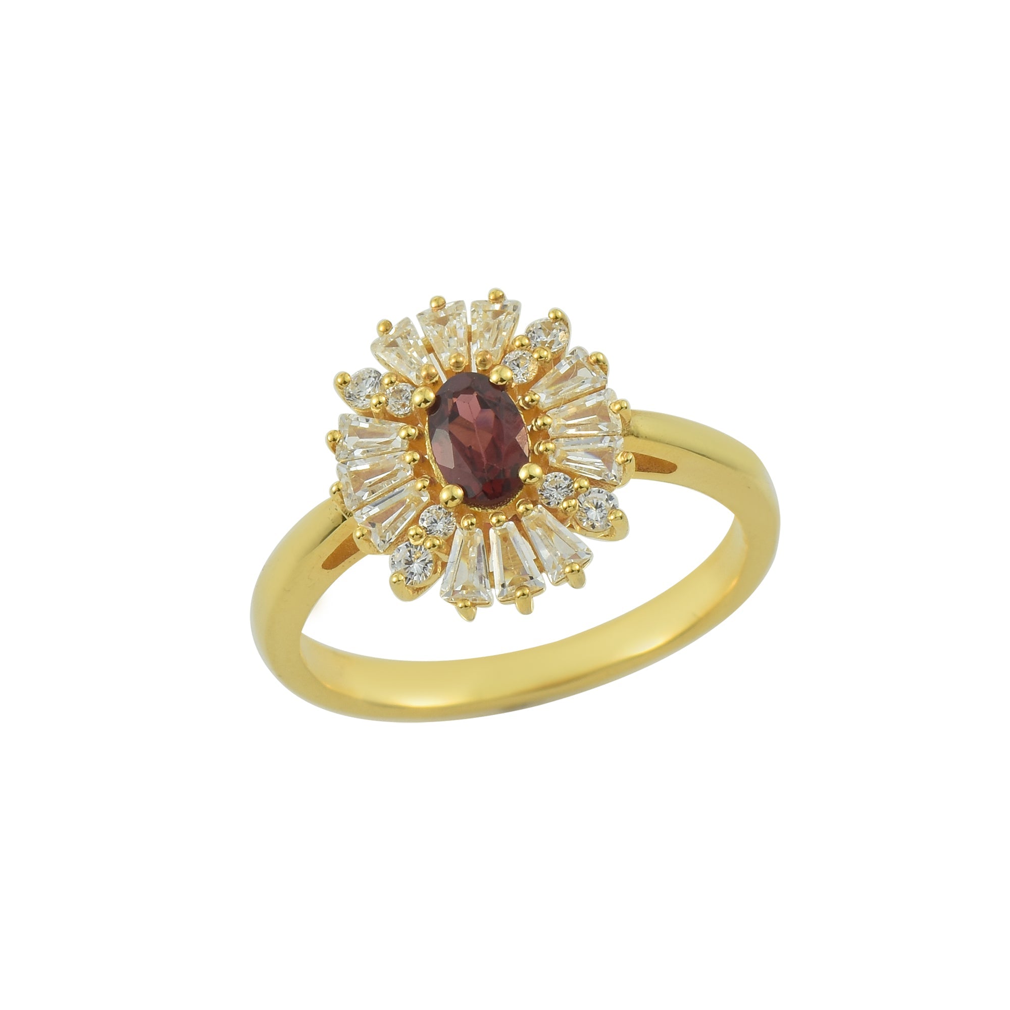 Garnet Sunburst Halo Ring – Sterling Silver Gold Plated