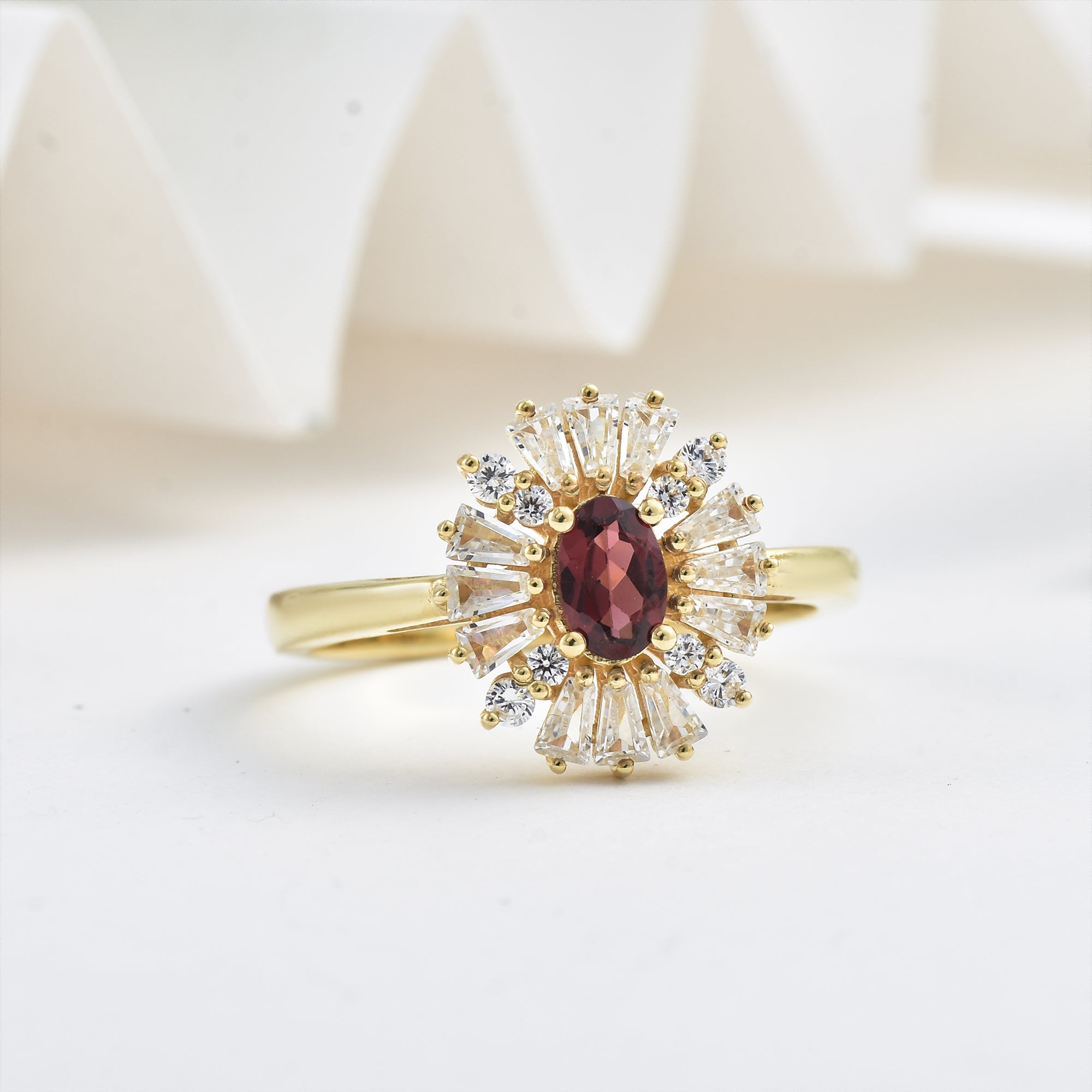 Garnet Sunburst Halo Ring – Sterling Silver Gold Plated