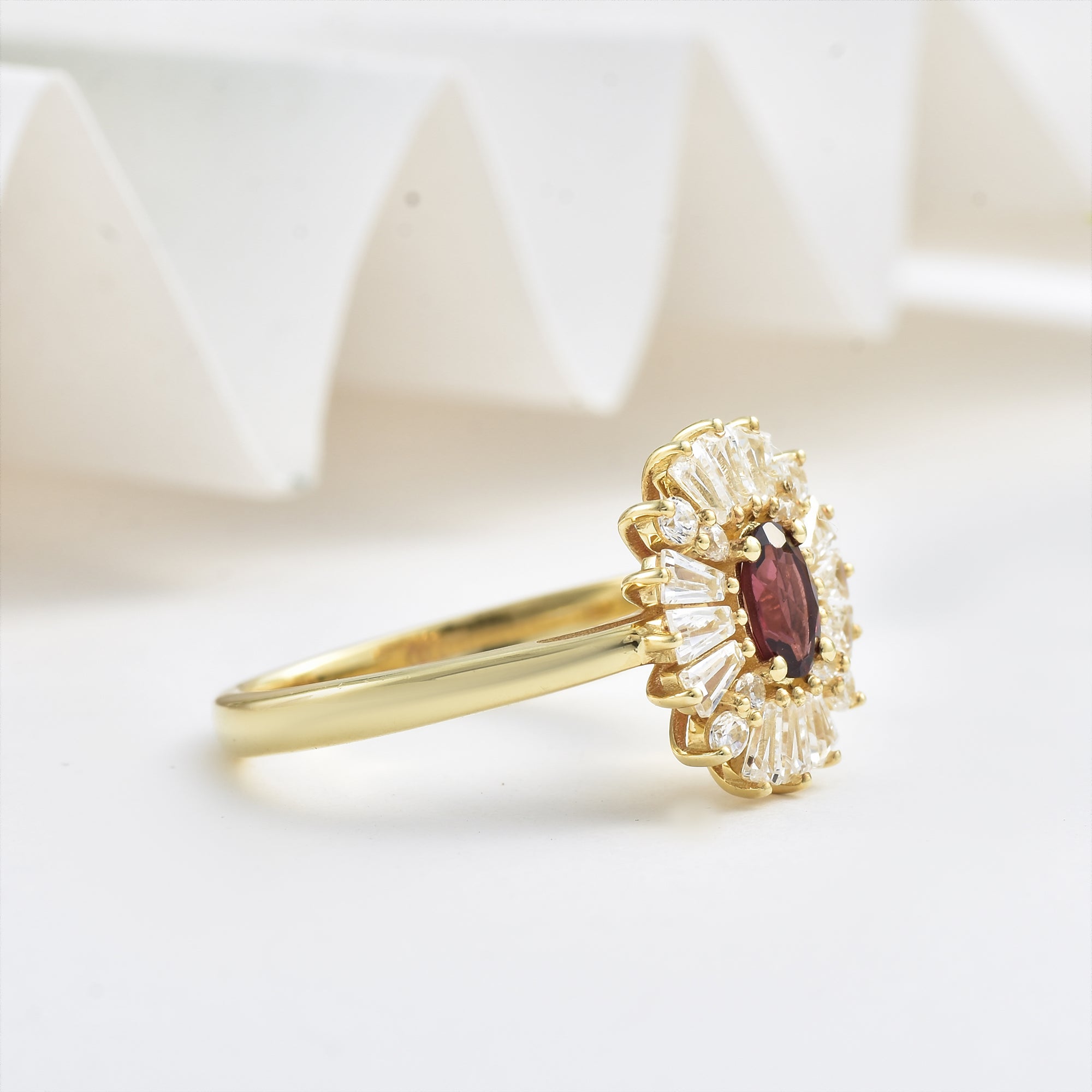 Garnet Sunburst Halo Ring – Sterling Silver Gold Plated