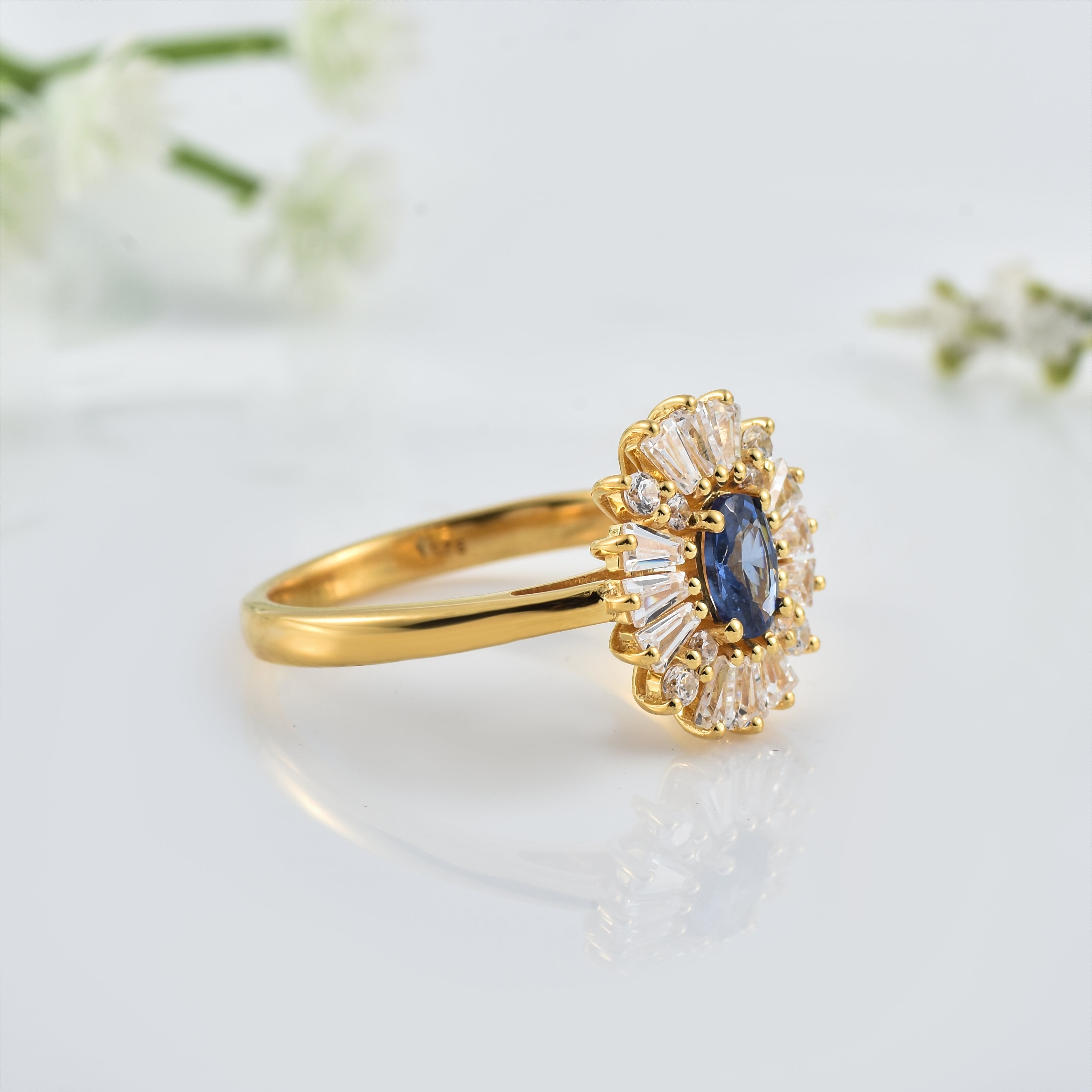 Tanzanite Sunburst Halo Ring – Sterling Silver Gold Plated