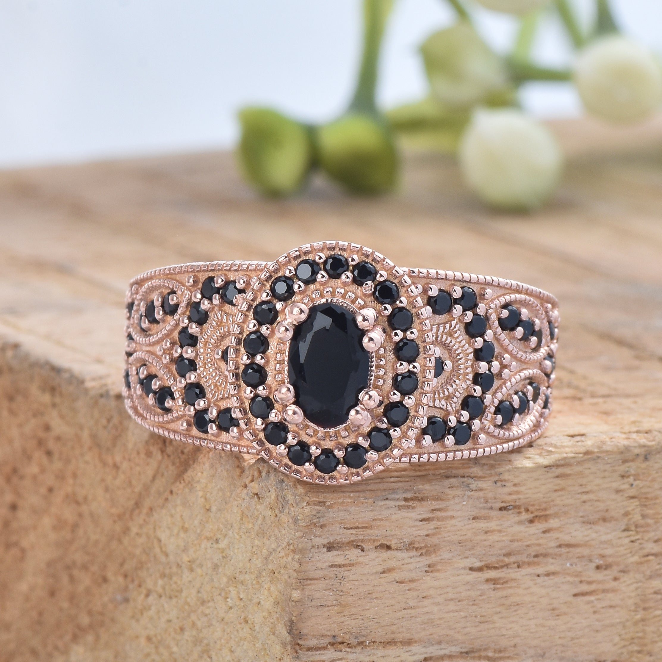 Vintage-Inspired Black Spinel Ring – Sterling Silver Rose Plated