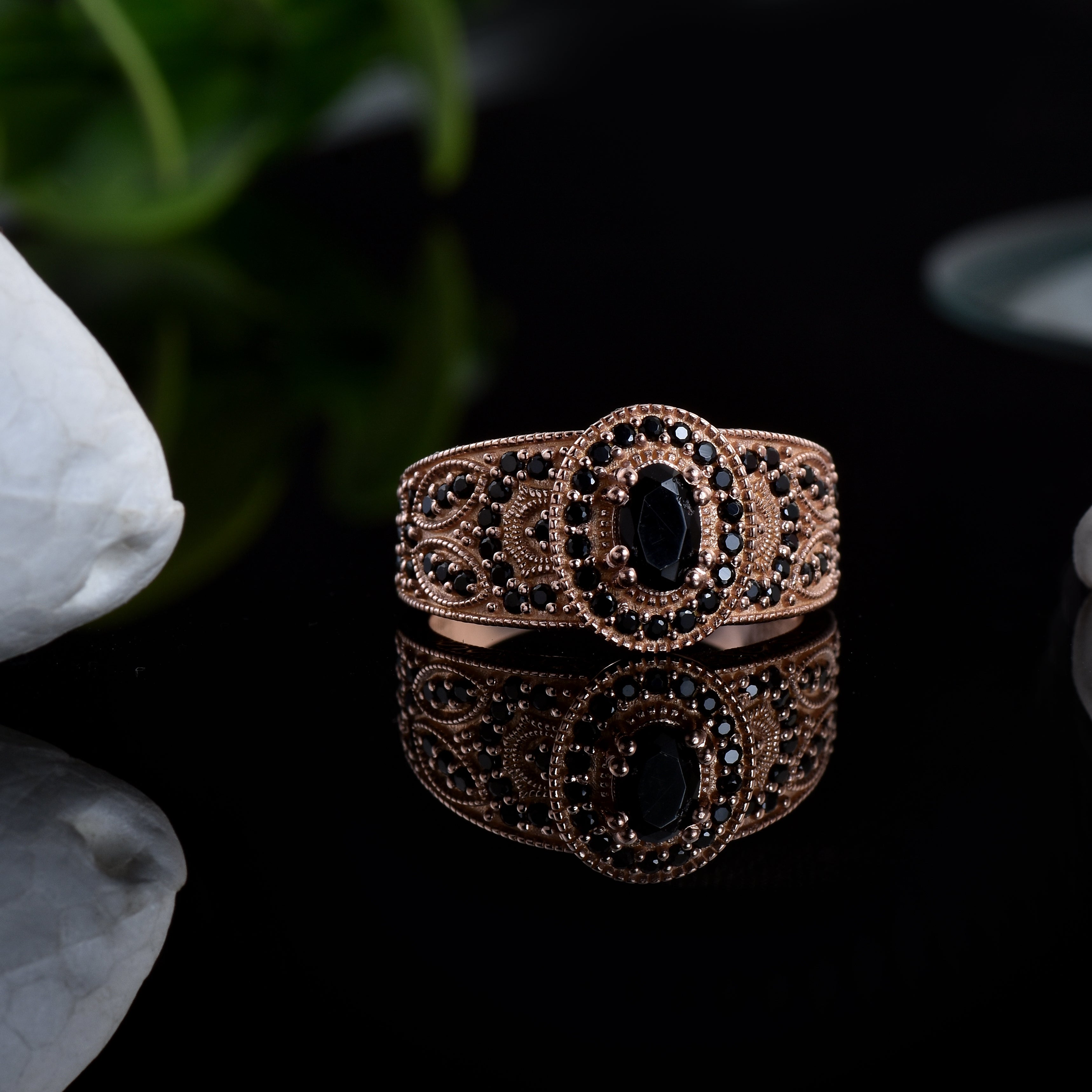 Vintage-Inspired Black Spinel Ring – Sterling Silver Rose Plated