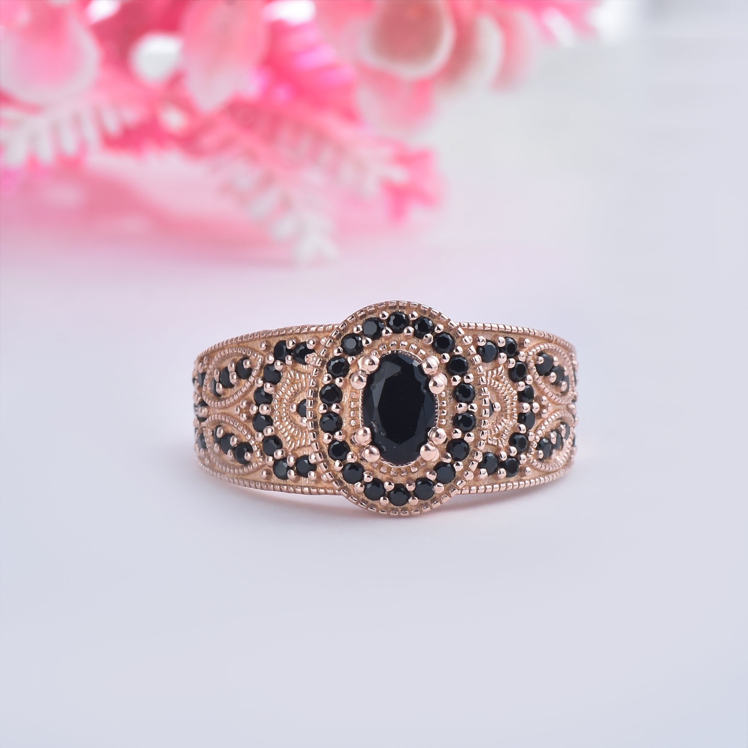 Vintage-Inspired Black Spinel Ring – Sterling Silver Rose Plated