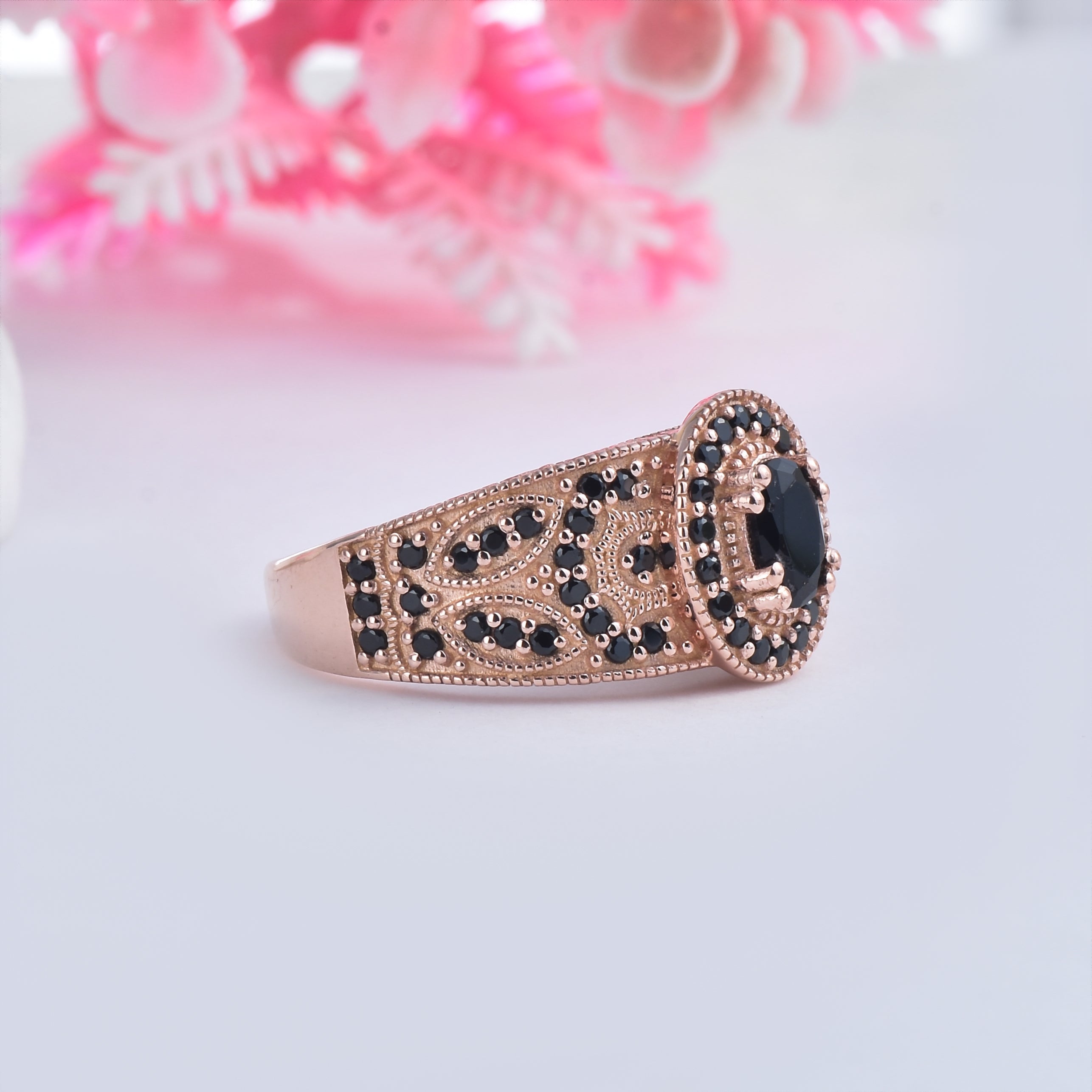 Vintage-Inspired Black Spinel Ring – Sterling Silver Rose Plated
