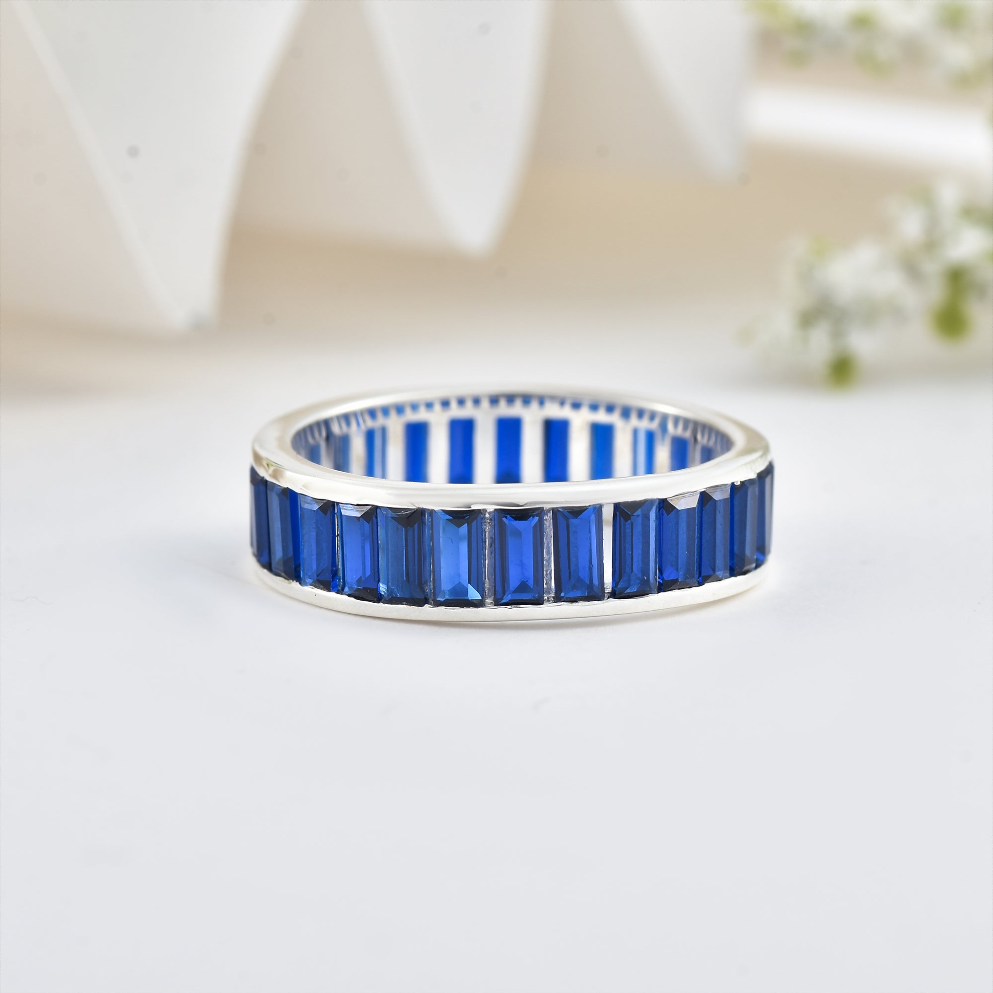 Blue Sapphire Eternity Band Ring – Sterling Silver