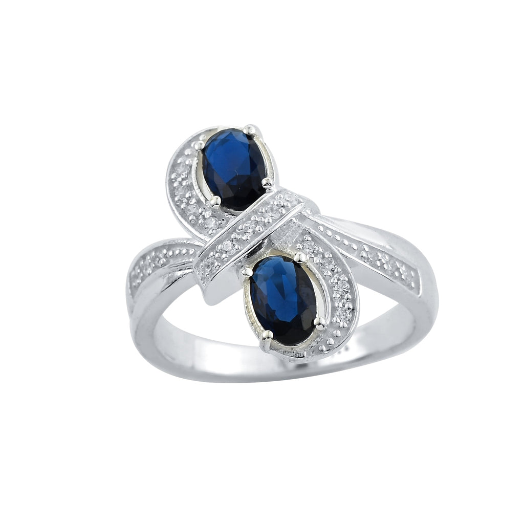 6x4mm Oval Blue Sapphire Crossover Ring - 925 Sterlign Silver