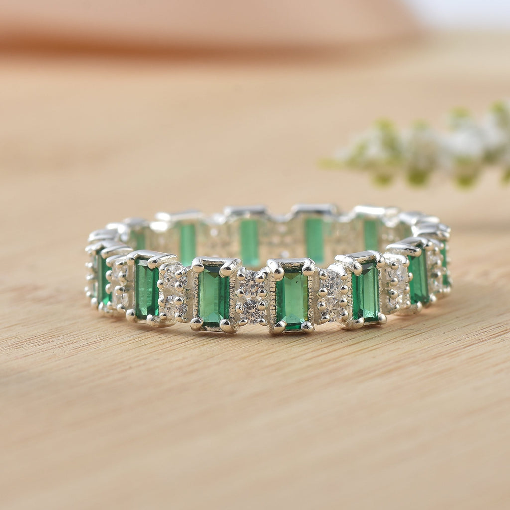 4x2mm Baguette-Cut Emeralds Eternity Band Ring - 925 Sterling Silver
