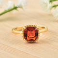 8x6mm Cushion Garnet Solitaire Ring - 925 Sterling Silver Yellow Plated