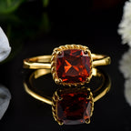 8x6mm Cushion Garnet Solitaire Ring - 925 Sterling Silver Yellow Plated