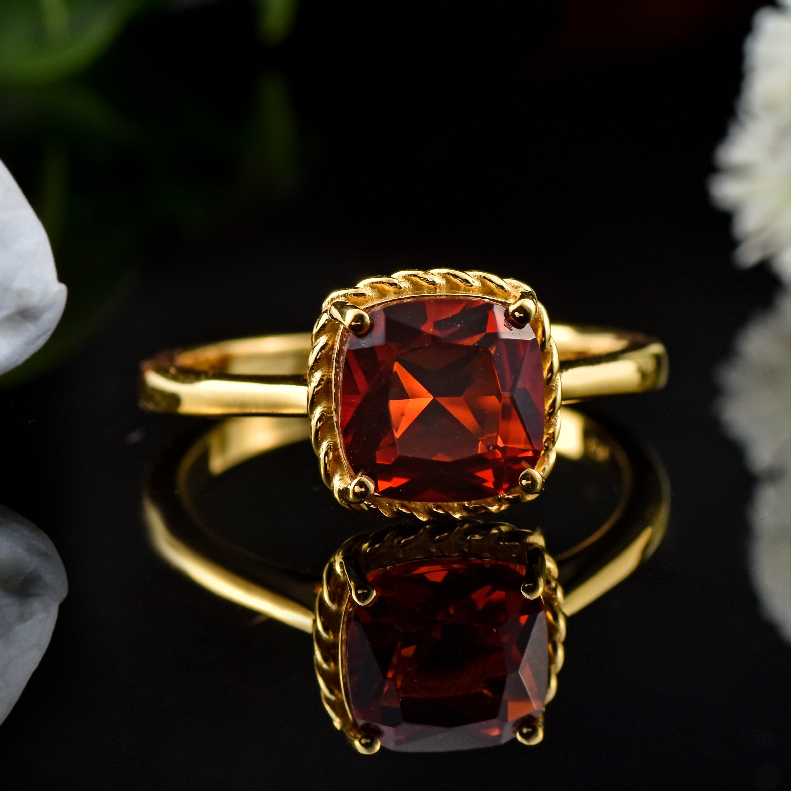 8x6mm Cushion Garnet Solitaire Ring - 925 Sterling Silver Yellow Plated