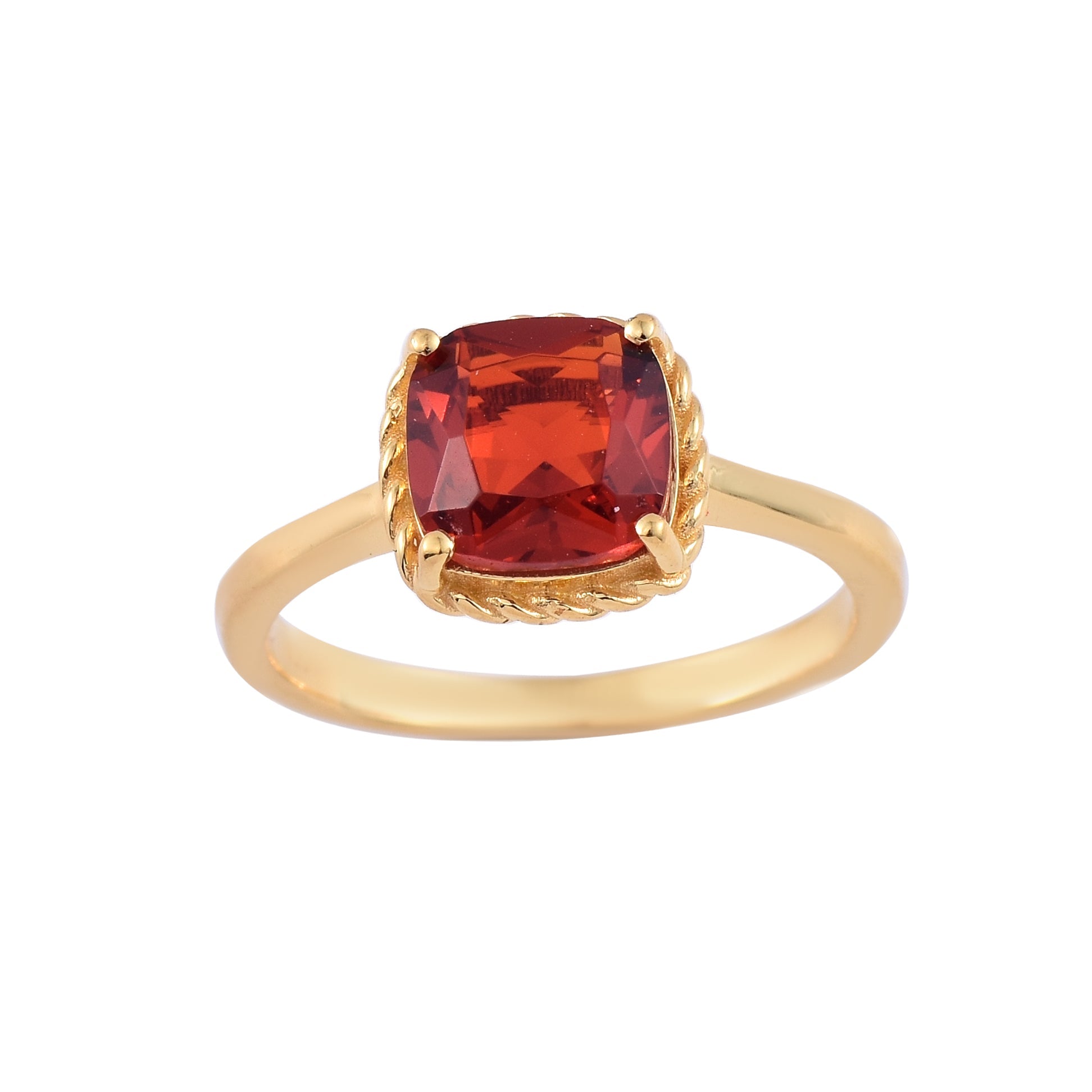 8x6mm Cushion Garnet Solitaire Ring - 925 Sterling Silver Yellow Plated