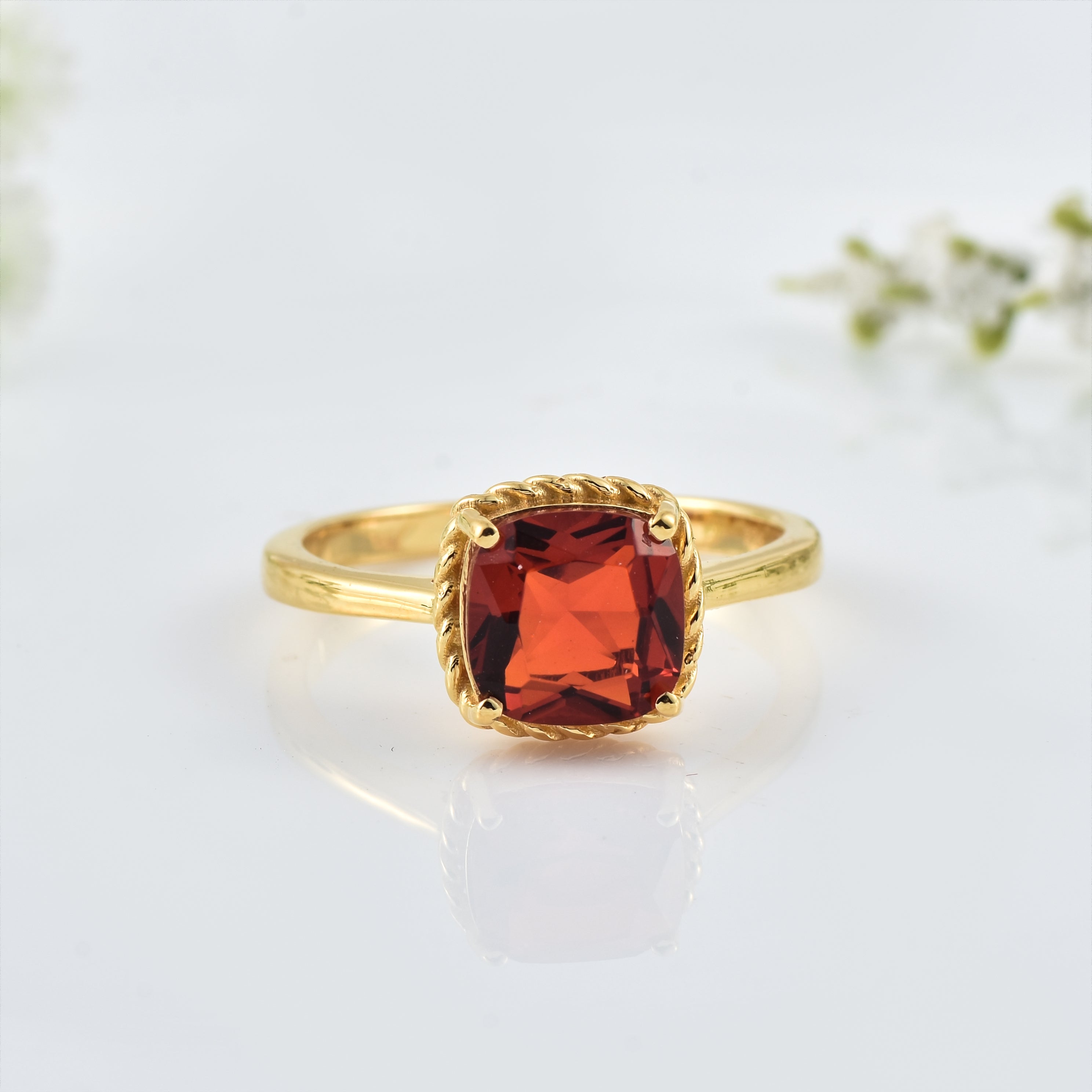 8x6mm Cushion Garnet Solitaire Ring - 925 Sterling Silver Yellow Plated