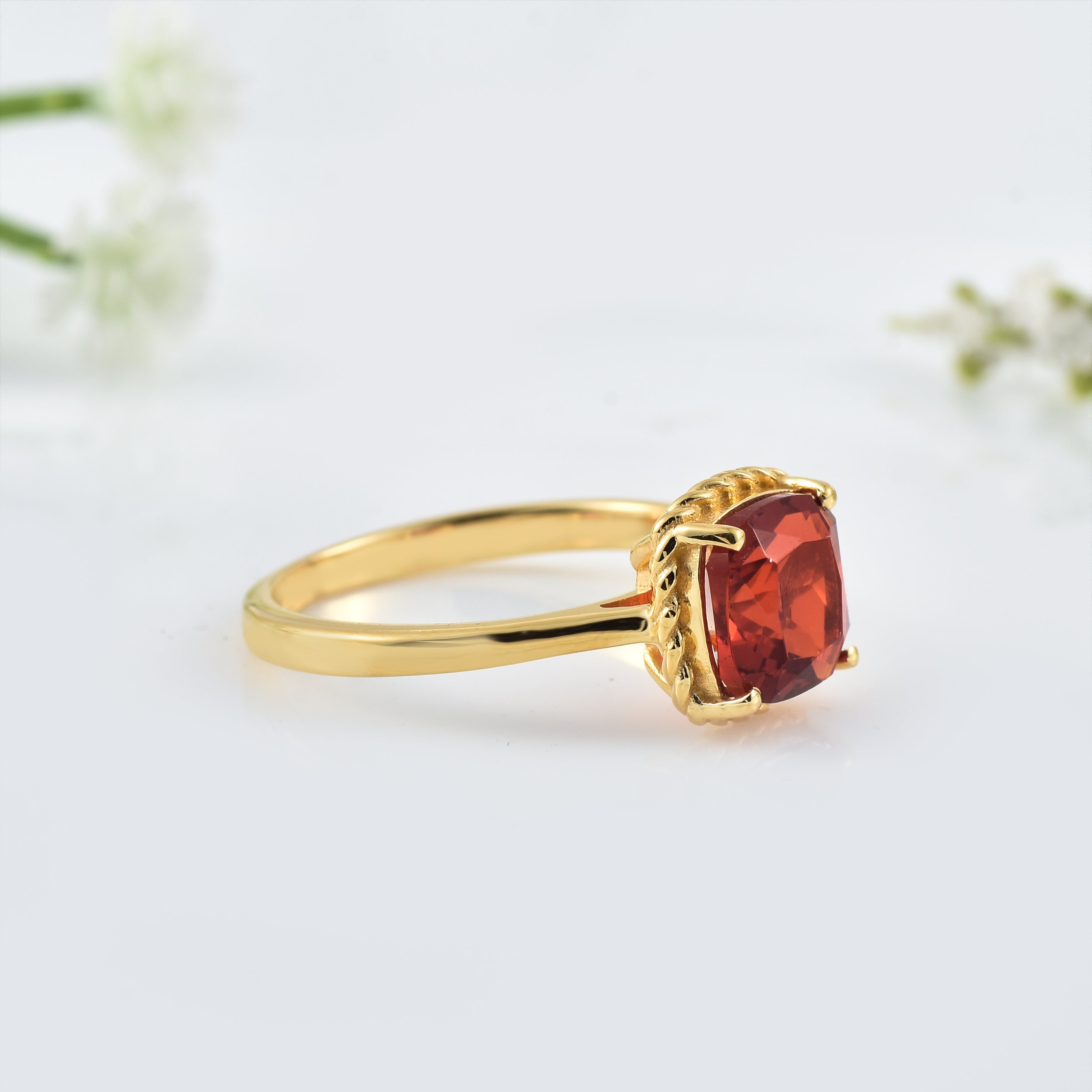 8x6mm Cushion Garnet Solitaire Ring - 925 Sterling Silver Yellow Plated