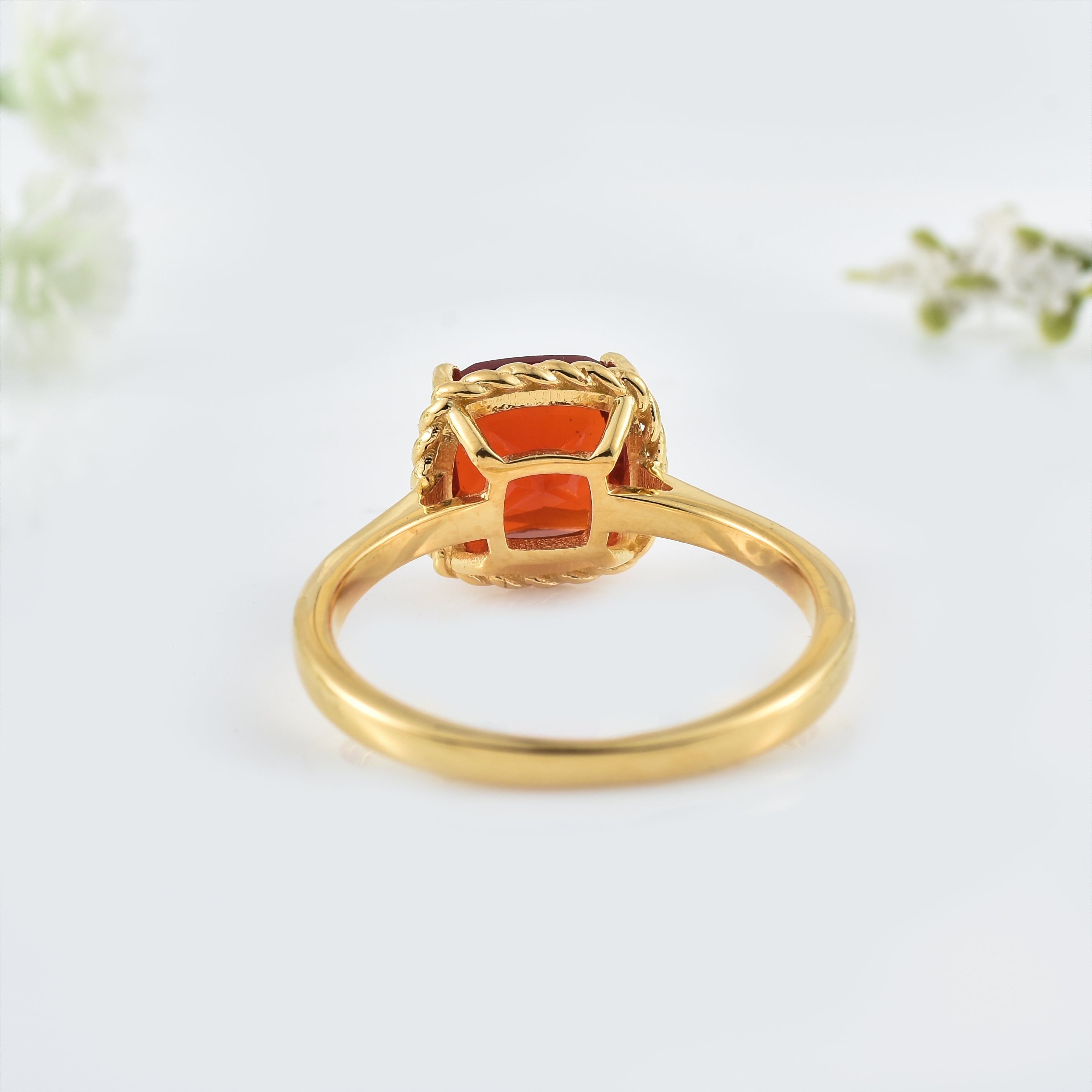 8x6mm Cushion Garnet Solitaire Ring - 925 Sterling Silver Yellow Plated