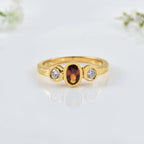 6x4mm Oval Citrine Three stone Ring - 925 Sterling Silver Yellow Plated