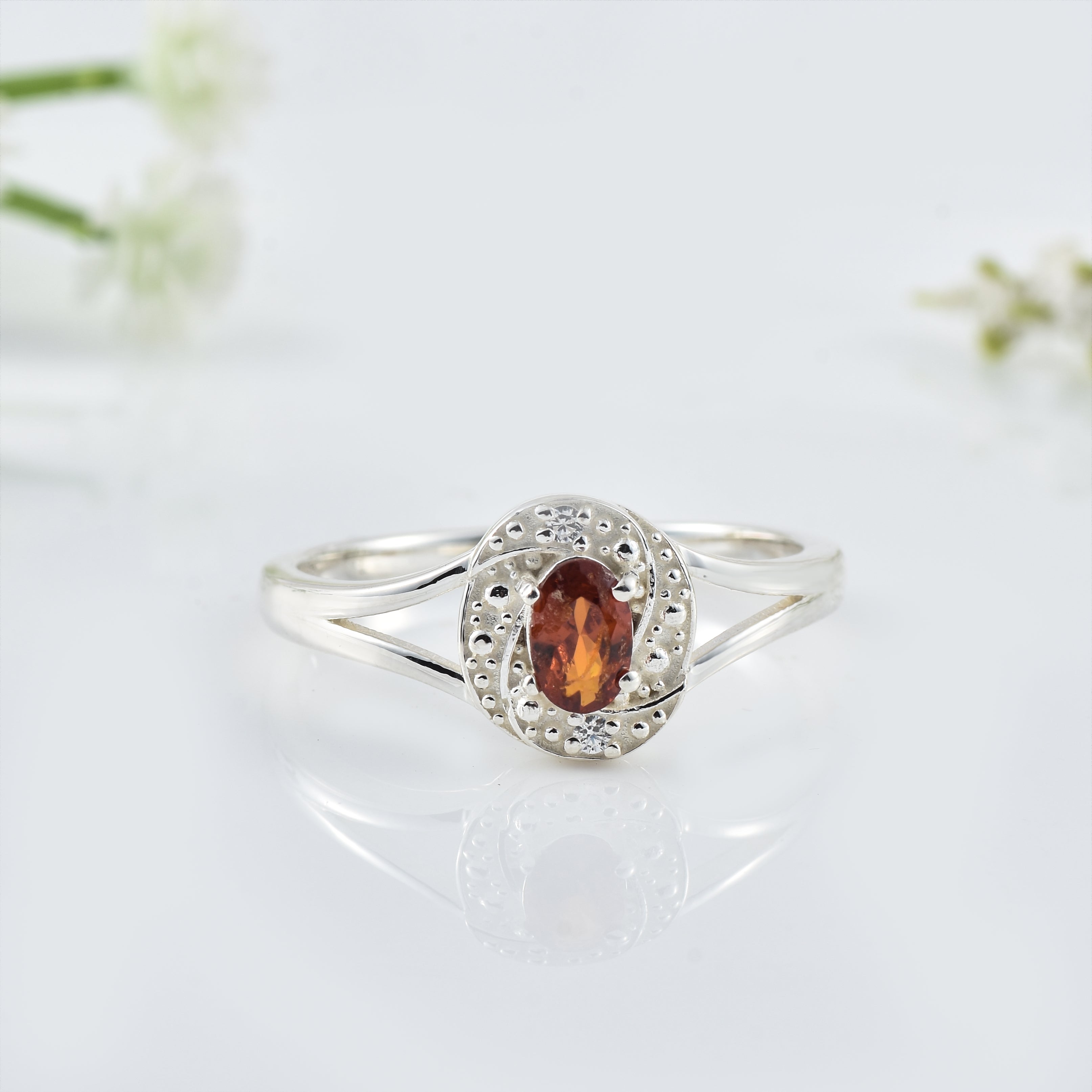 6x4mm Oval Garnet and Textured Halo Design Ring - 925 Sterling Silver