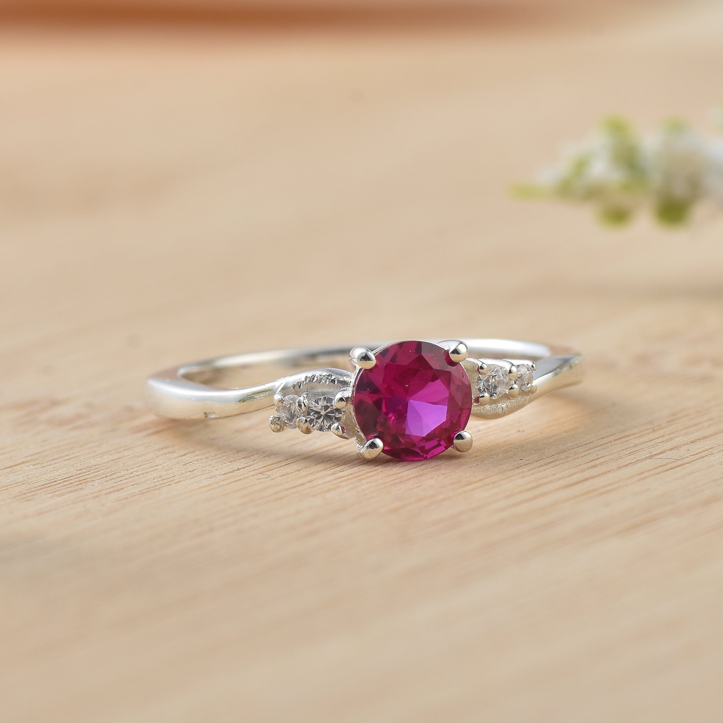 4x4mm Round Ruby and Accent Stones Ring - 925 Sterling Silver
