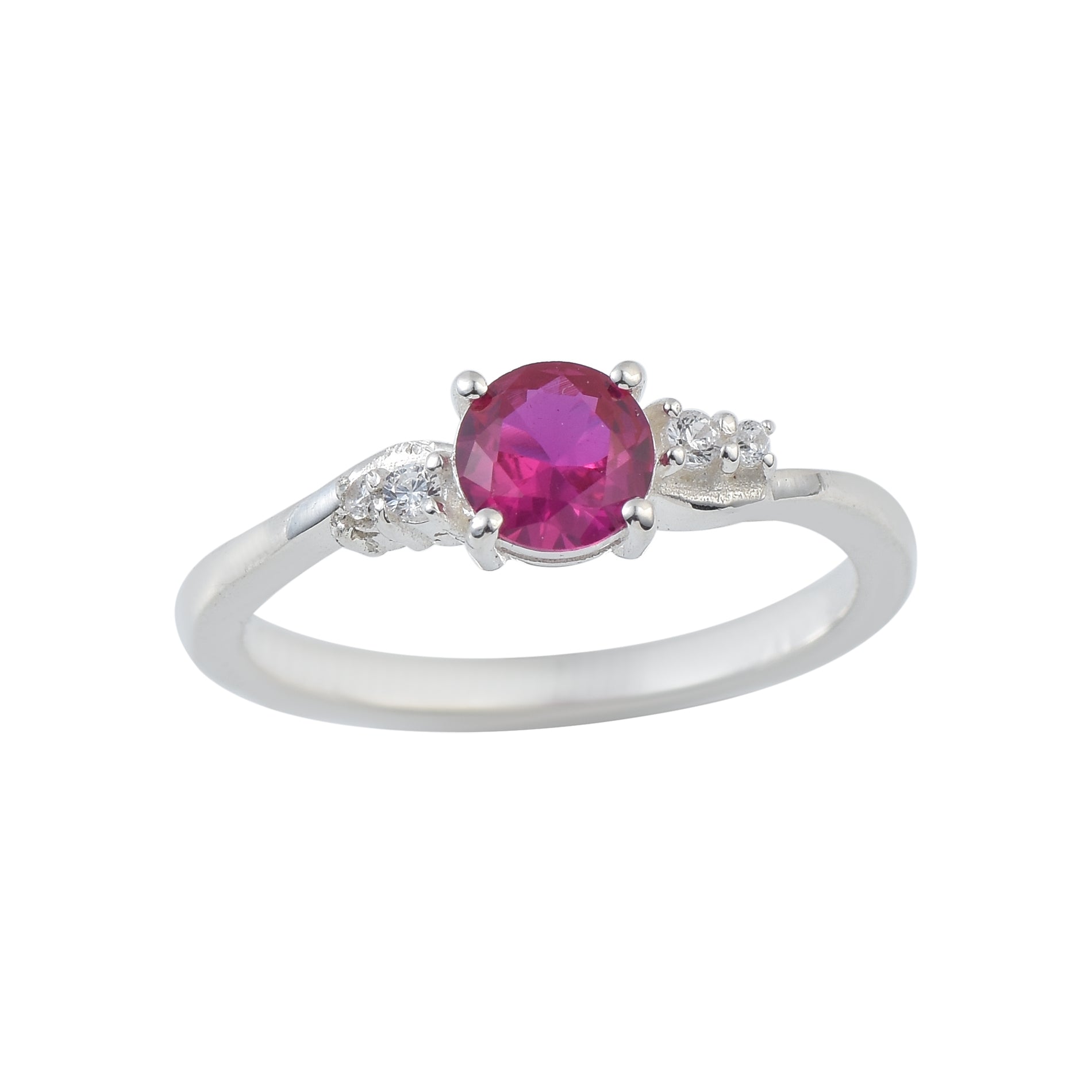 4x4mm Round Ruby and Accent Stones Ring - 925 Sterling Silver