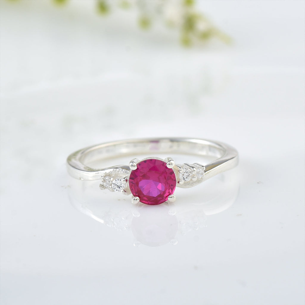 4x4mm Round Ruby and Accent Stones Ring - 925 Sterling Silver