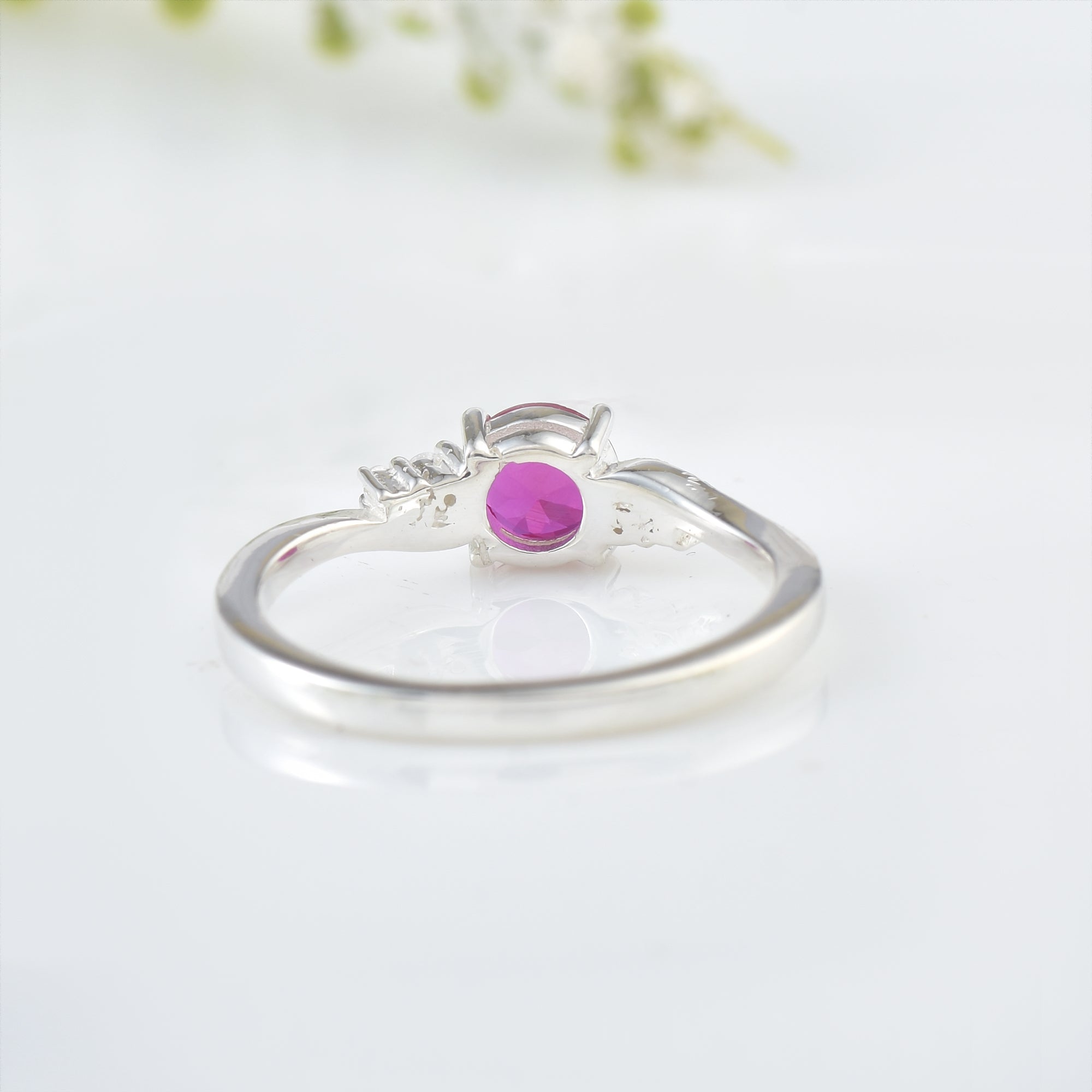 4x4mm Round Ruby and Accent Stones Ring - 925 Sterling Silver
