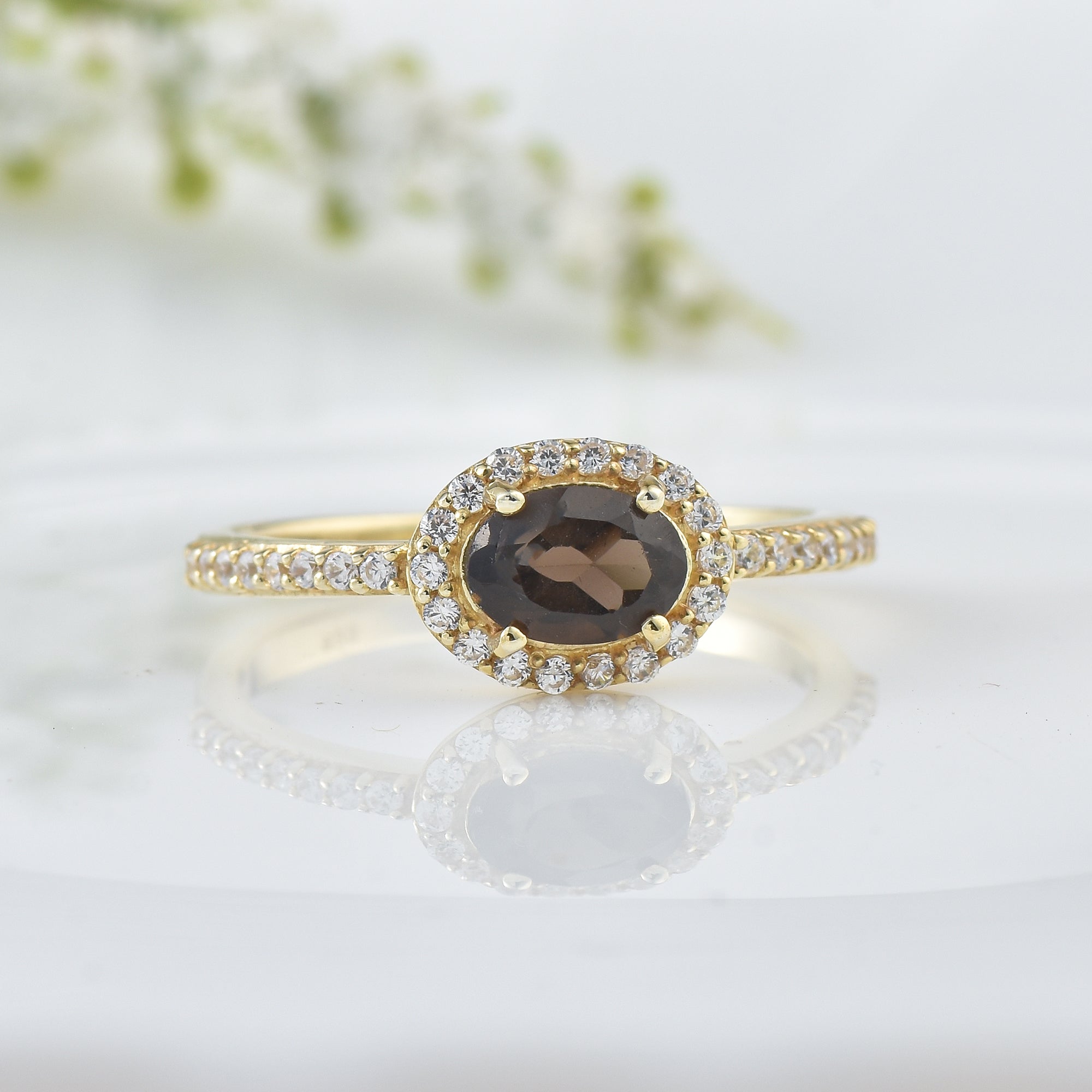 7x5MM Oval Smoky Quartz Halo Ring - 925 Sterling Silver Gold Plated