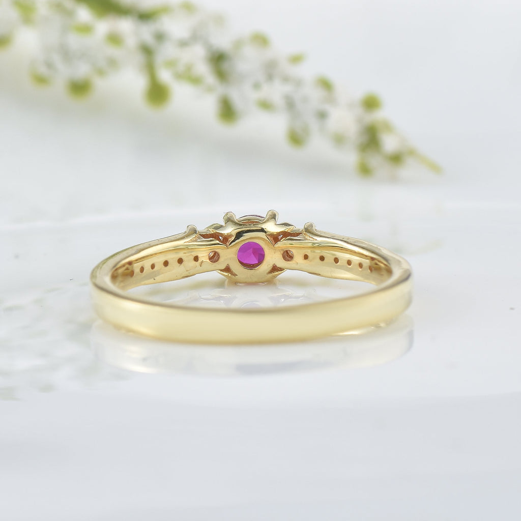 4MM Round Ruby and White Topaz Accent Ring - 925 Sterling Silver Yellow Plated