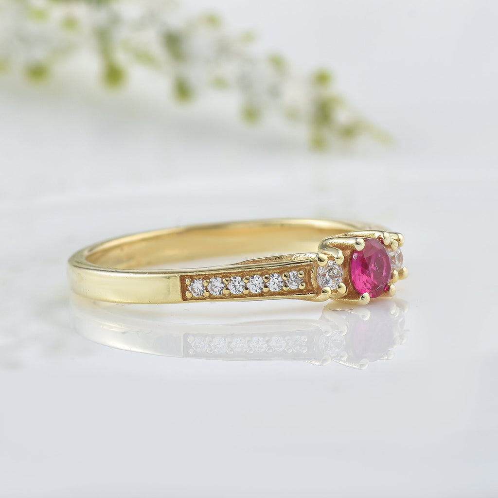 4MM Round Ruby and White Topaz Accent Ring - 925 Sterling Silver Yellow Plated